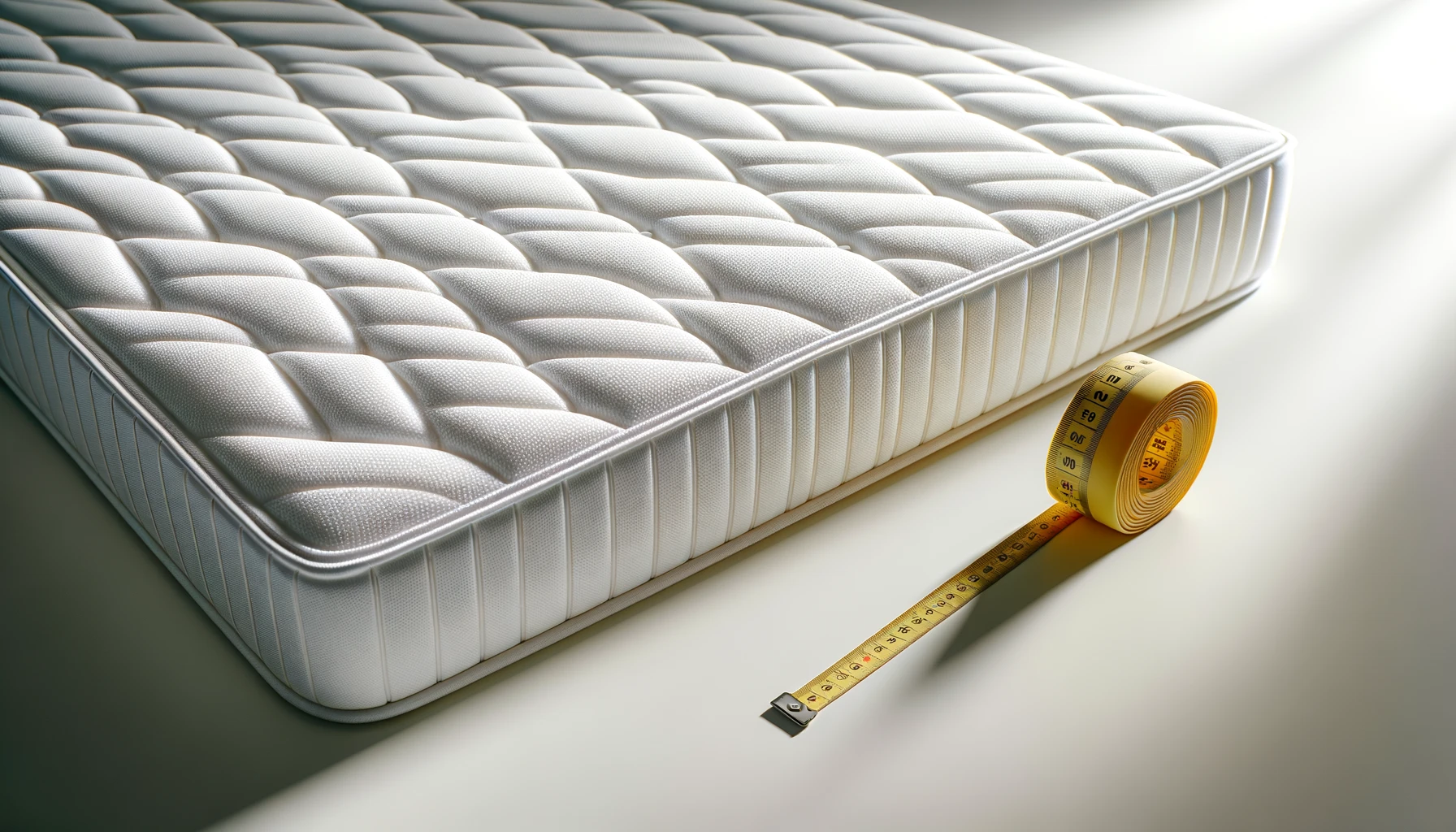 DALL·E-2024-05-20-11.13.08-A-white-mattress-with-a-diamond-pattern-placed-on-a-white-surface.-Next-to-the-mattress-is-a-yellow-measuring-tape.-The-lighting-is-even-and-natural