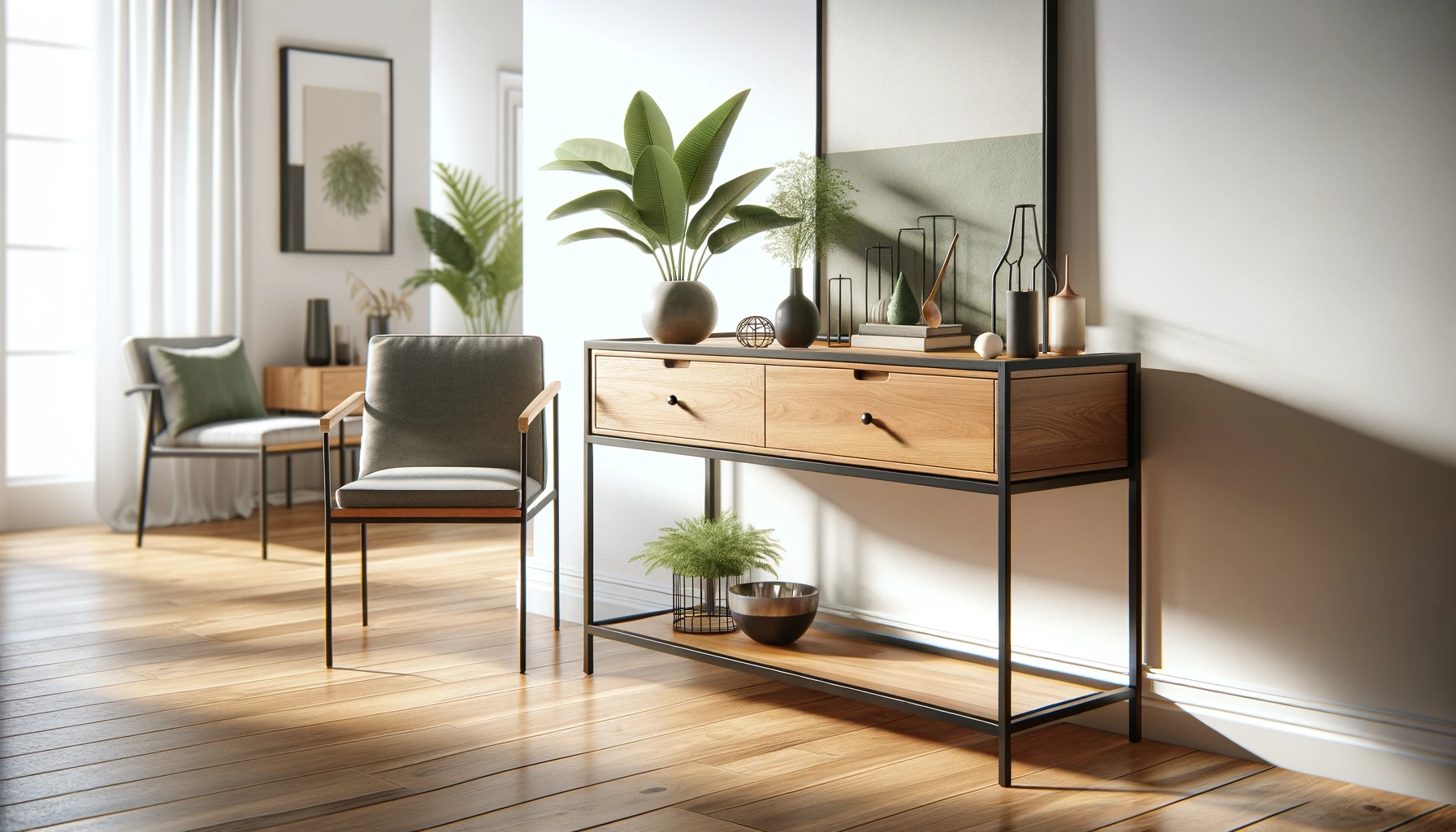 DALL·E-2024-05-20-11.54.26-A-modern-wooden-console-table-with-drawers-and-a-black-metal-frame-placed-against-a-white-wall.-On-top-of-the-table-there-is-a-green-plant-and-decor