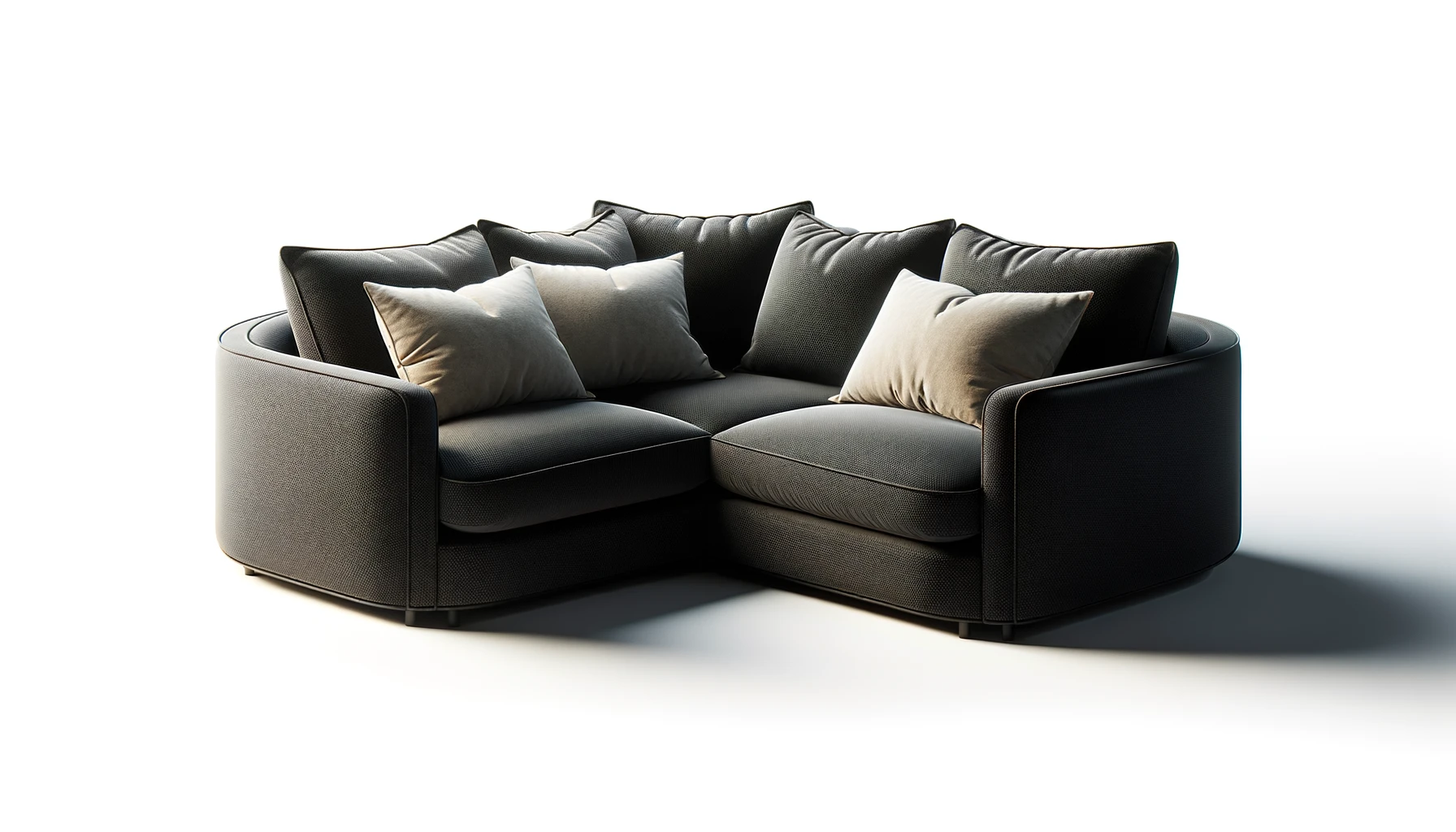 DALL·E-2024-05-20-11.57.44-A-black-fabric-corner-sofa-with-light-cushions-isolated-against-a-white-background.-The-sofa-has-a-modern-design-and-is-spacious-with-rounded-armres