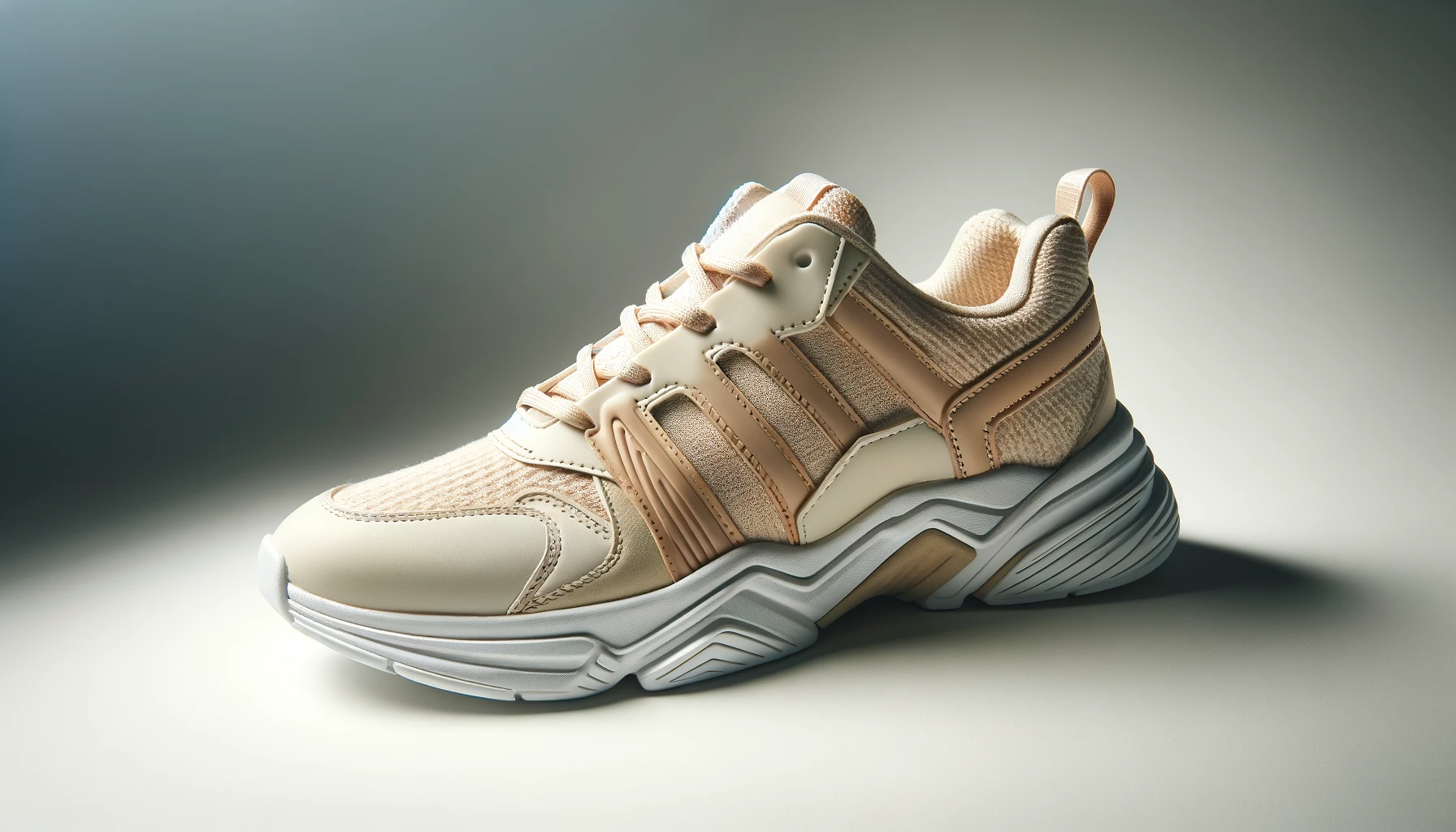 DALL·E-2024-05-20-12.07.21-A-beige-and-white-sports-shoe-side-view-placed-on-a-white-surface.-The-shoe-has-a-rubber-sole-beige-laces-and-panels-made-of-leather-and-fabric.-T
