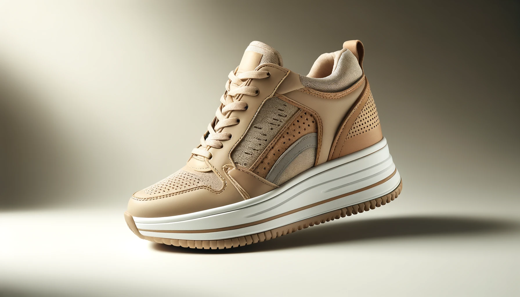 DALL·E-2024-05-20-12.25.28-A-beige-sports-shoe-with-a-white-wedge-sole-side-view-placed-on-a-white-surface.-The-shoe-has-beige-laces-and-panels-made-of-leather-and-fabric-with