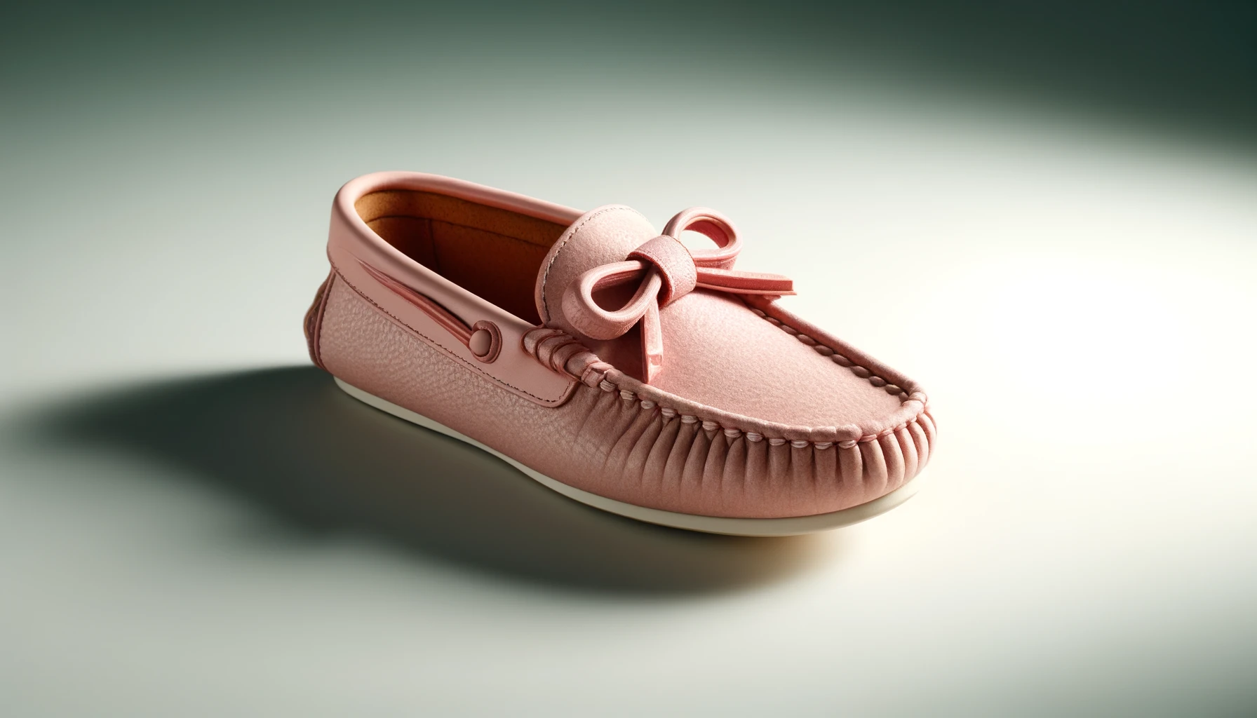 DALL·E-2024-05-20-12.28.57-A-pink-moccasin-with-a-light-leather-sole-side-view-placed-on-a-white-surface.-The-shoe-has-a-decorative-bow-on-the-front-and-visible-stitching.-The