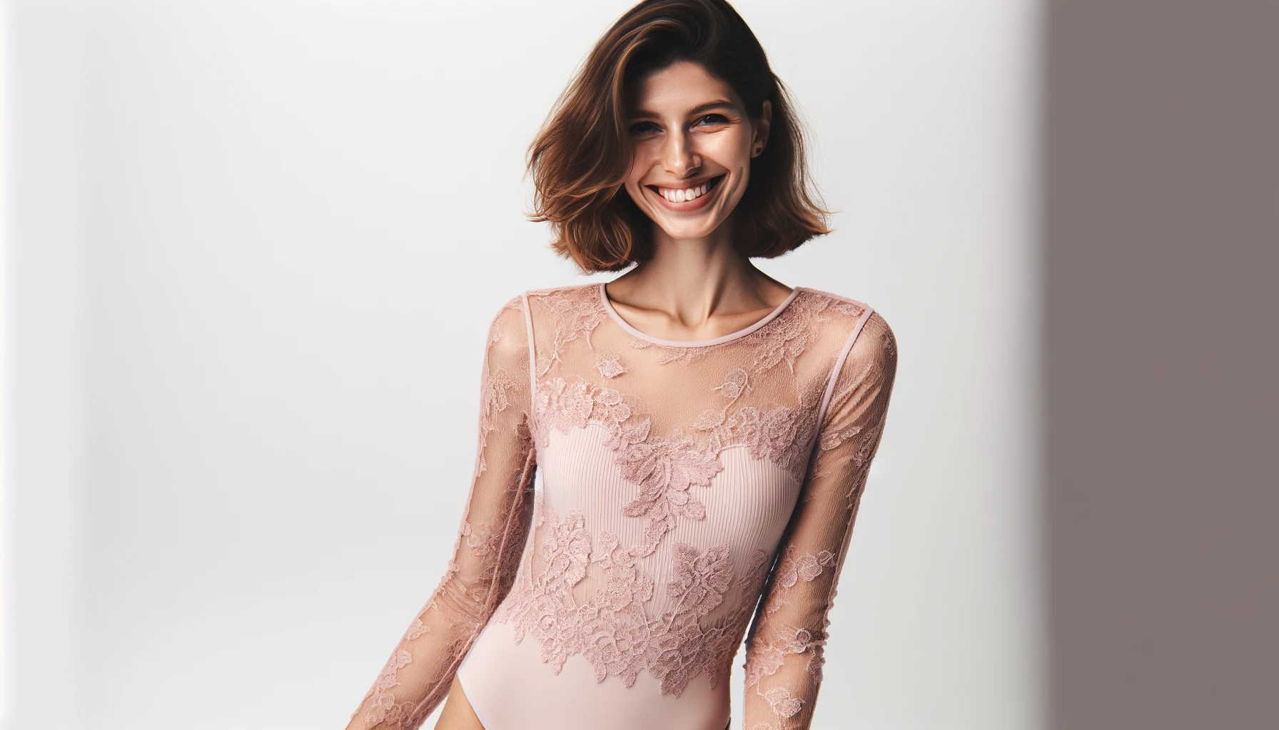 DALL·E-2024-05-20-13.12.47-A-woman-wearing-a-light-pink-lace-bodysuit-posing-against-a-white-background-and-smiling.-The-bodysuit-has-lace-details-on-the-top-and-a-fitted-desig