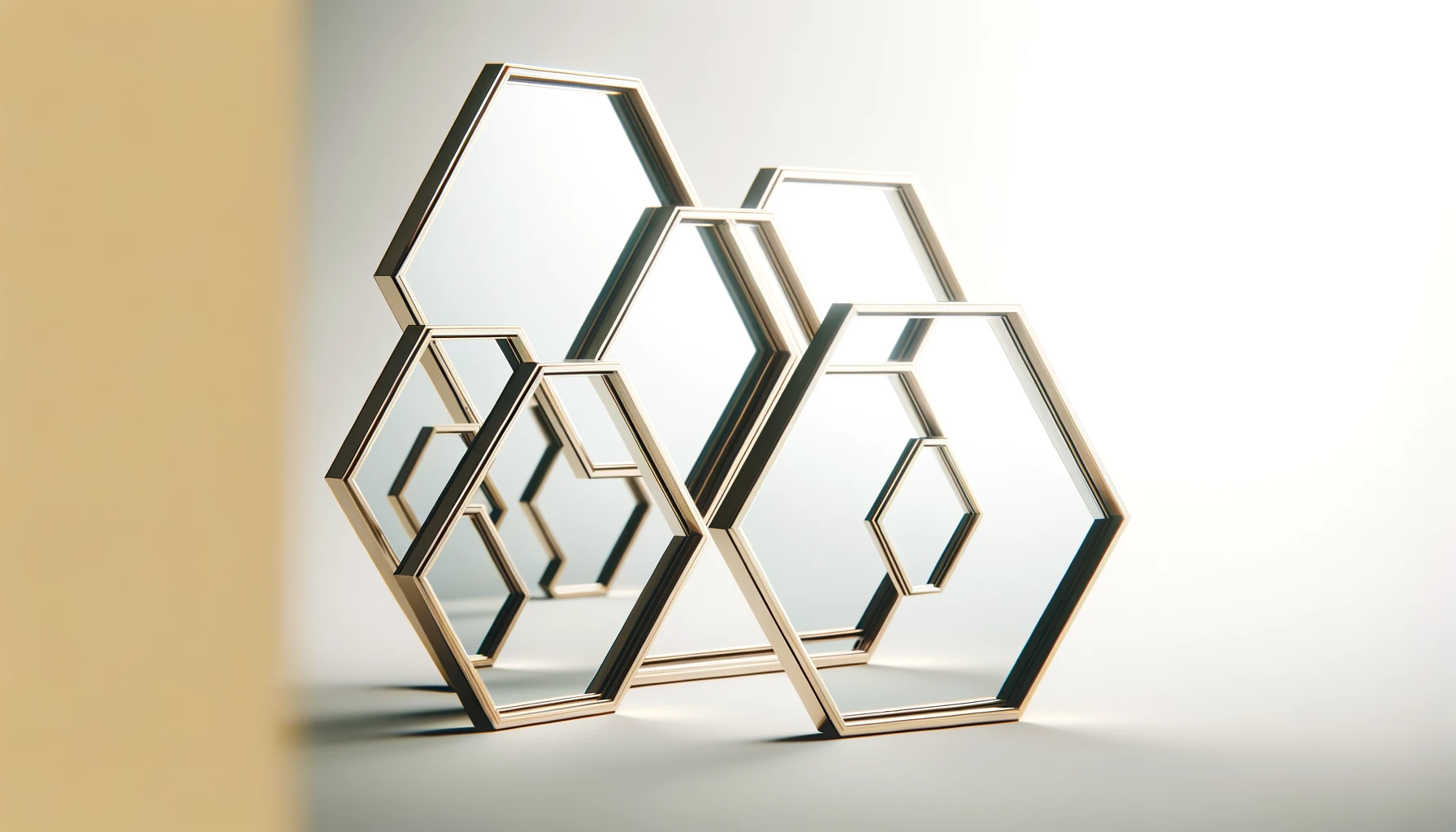 DALL·E-2024-05-20-13.53.10-A-set-of-hexagonal-mirrors-with-thin-frames.-The-background-is-white.-The-lighting-is-soft-and-uniform-highlighting-the-details-and-structure-of-the-