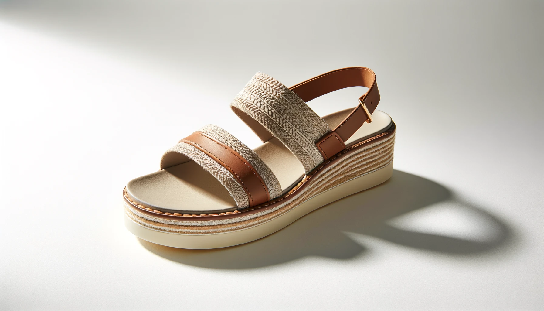 DALL·E-2024-05-20-14.06.17-Photograph-of-a-sandal-with-a-beige-wedge-sole.-The-sandal-has-a-beige-woven-fabric-strap-and-a-brown-leather-strap.-There-is-a-gold-detail-on-the-fro