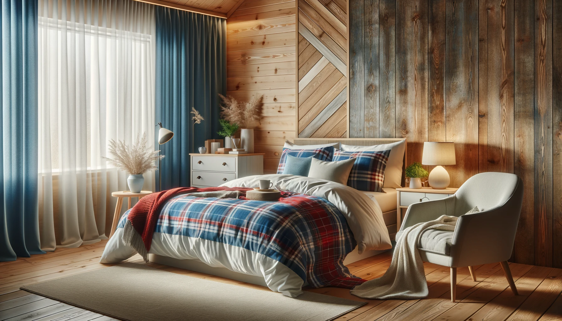 DALL·E-2024-05-20-15.08.56-A-cozy-bedroom-featuring-a-bed-dressed-in-blue-and-red-plaid-bedding.-The-room-has-wooden-walls-on-one-side-creating-a-rustic-feel-and-a-light-blue-