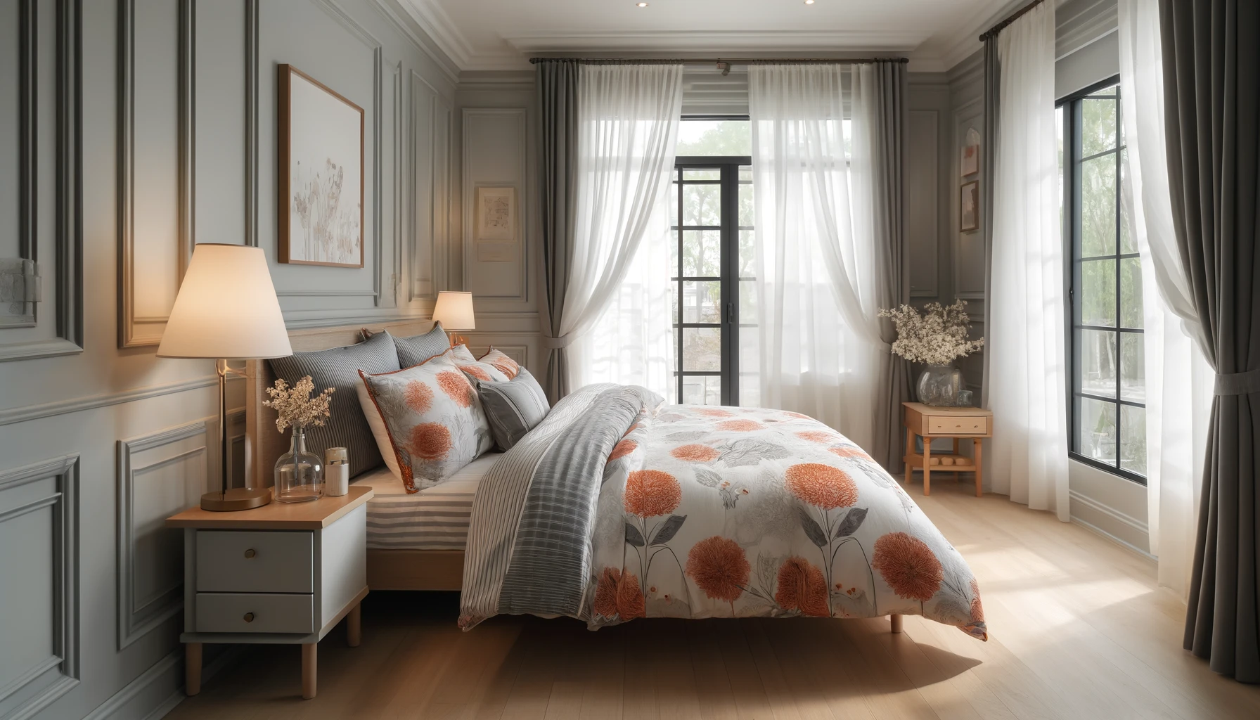 DALL·E-2024-05-20-15.31.58-A-cozy-bedroom-featuring-a-bed-dressed-in-Nuit-a-Saly-bedding-with-orange-and-gray-floral-patterns.-The-room-has-light-wooden-floors-and-walls-with-