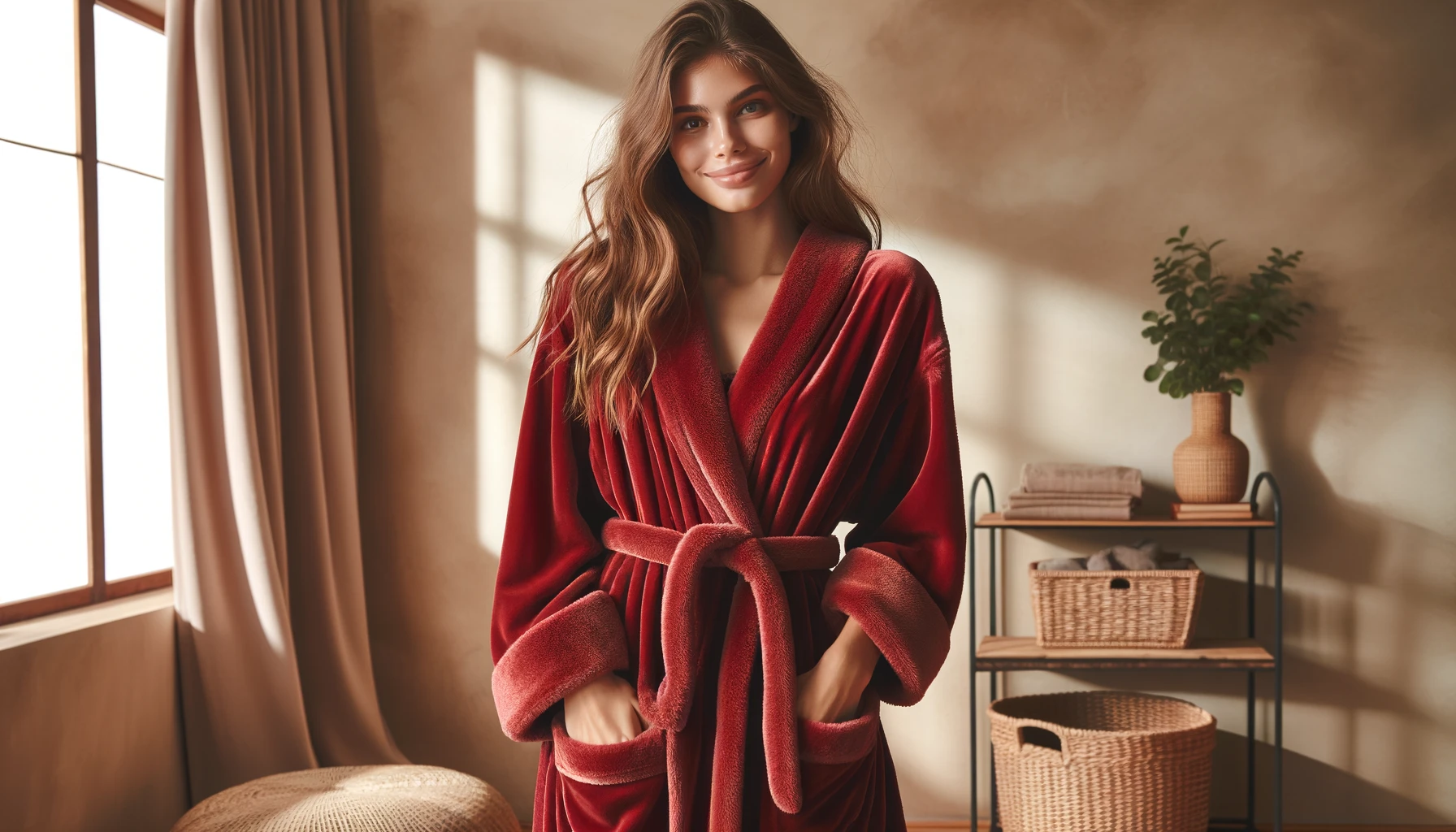 DALL·E-2024-05-20-18.20.07-A-woman-wearing-a-soft-red-velvety-bathrobe-standing-casually-against-a-wall-in-a-cozy-warm-toned-room-with-natural-lighting.-The-room-has-simple-