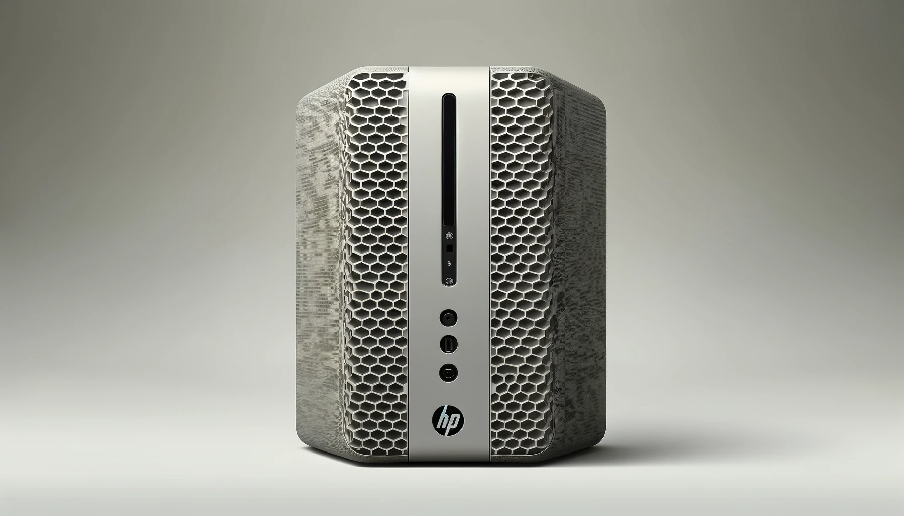 DALL·E-2024-06-10-15.04.42-A-high-resolution-product-photograph-of-the-HP-Slim-S01-aF2003nf-desktop-computer.-The-front-view-shows-a-textured-pattern-design-with-a-honeycomb-geo