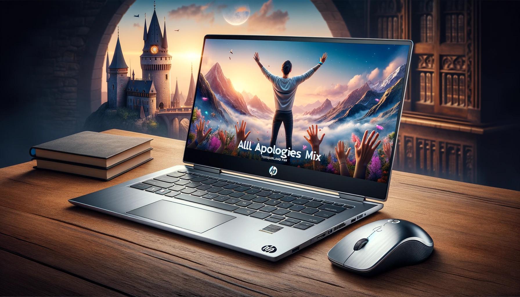 DALL·E-2024-06-10-16.29.01-A-high-resolution-product-photograph-of-the-HP-Pavilion-15-eg3001nf-laptop-with-the-screen-displaying-a-video-playing-All-Apologies-by-Tomorrowland-