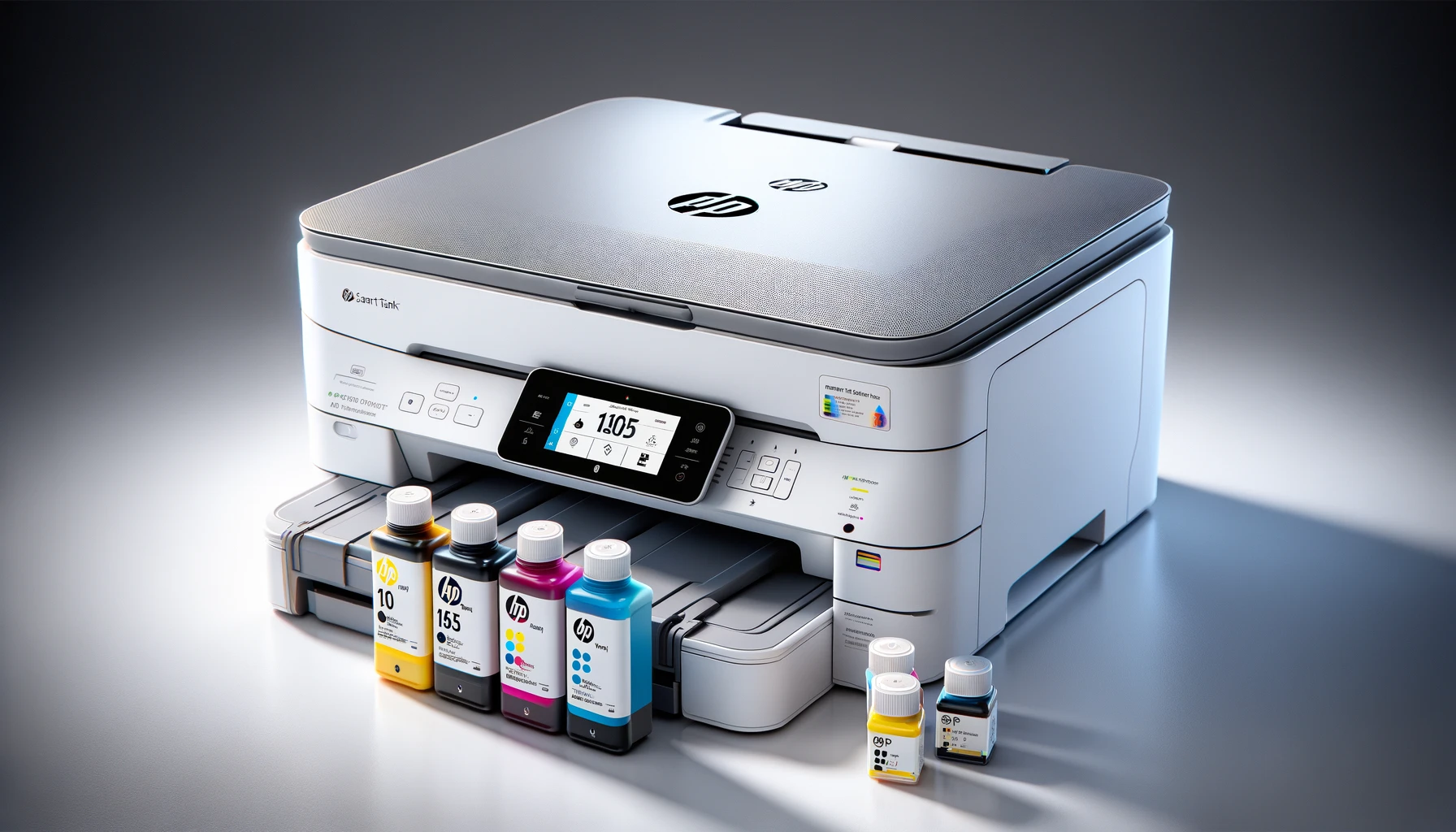 DALL·E-2024-06-10-17.44.03-A-high-resolution-product-photograph-of-the-HP-Smart-Tank-5105-all-in-one-printer.-The-printer-is-white-with-a-gray-top-featuring-a-front-loading-pap