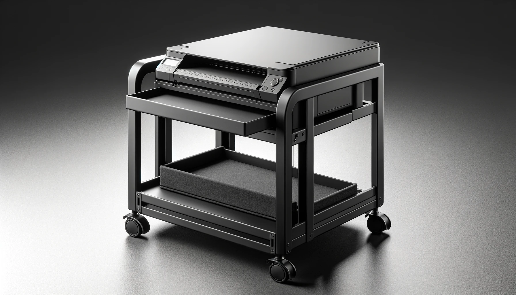 DALL·E-2024-06-11-15.15.36-Photograph-of-a-stand-and-receiving-tray-for-HP-DesignJet-T200_T600-24-inch-printer-black-color.-The-structure-is-metal-with-a-black-fabric-tray.-The