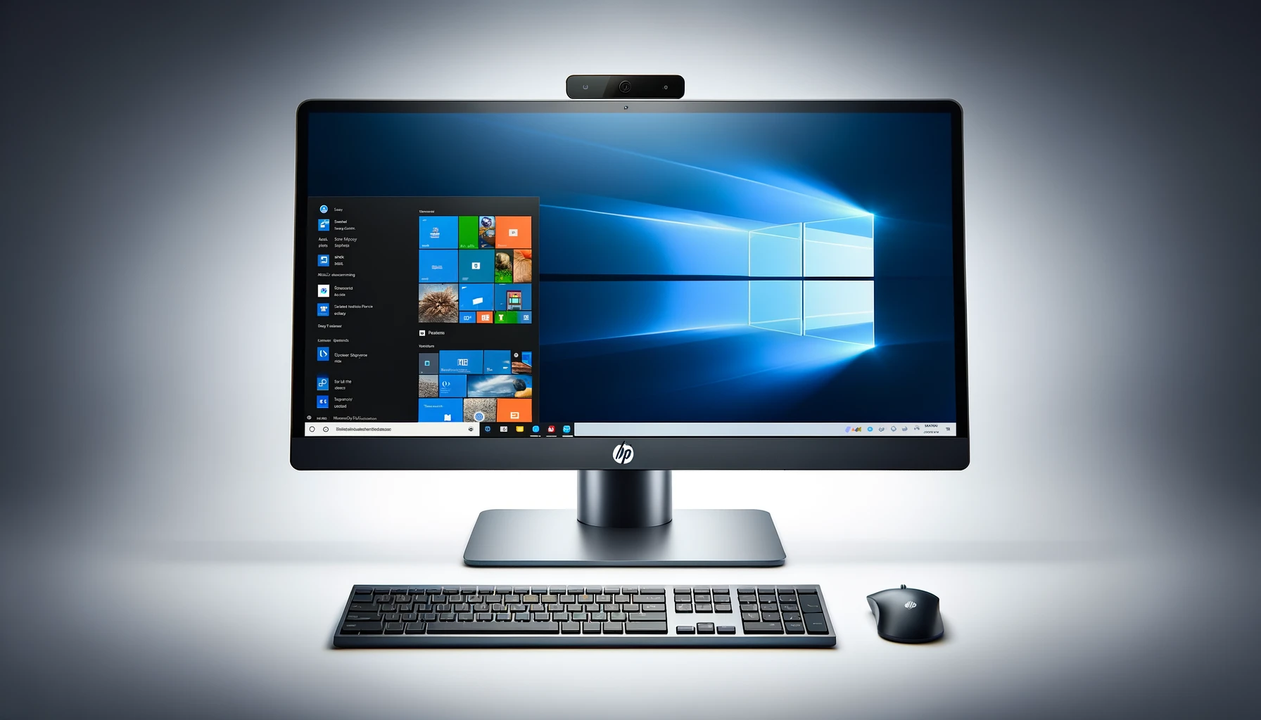 DALL·E-2024-06-12-12.32.19-Photograph-of-an-HP-all-in-one-computer-with-a-23.8-inch-screen.-The-screen-has-a-thin-bezel-and-is-mounted-on-a-rectangular-metallic-stand.-The-compu