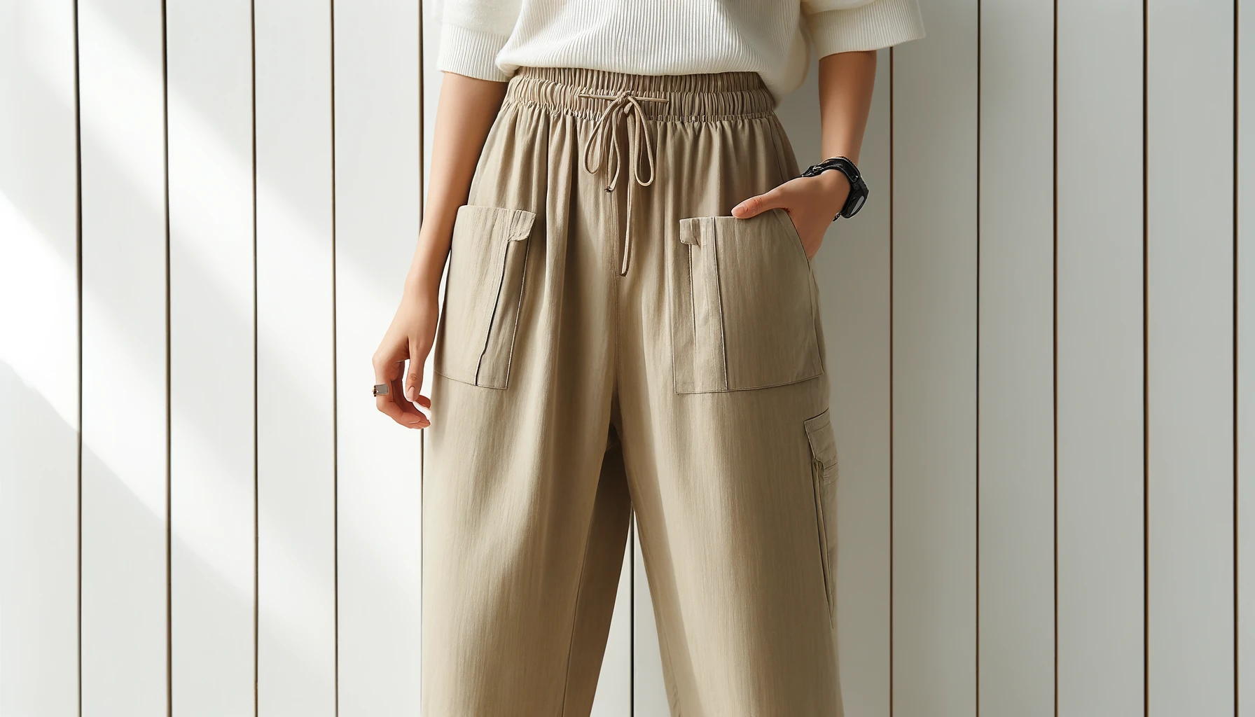 DALL·E-2024-06-12-13.17.13-Photograph-of-a-woman-wearing-relaxed-fit-pants-made-of-cotton-and-linen-in-a-solid-khaki-color.-The-pants-have-an-elastic-waistband-with-a-drawstrin
