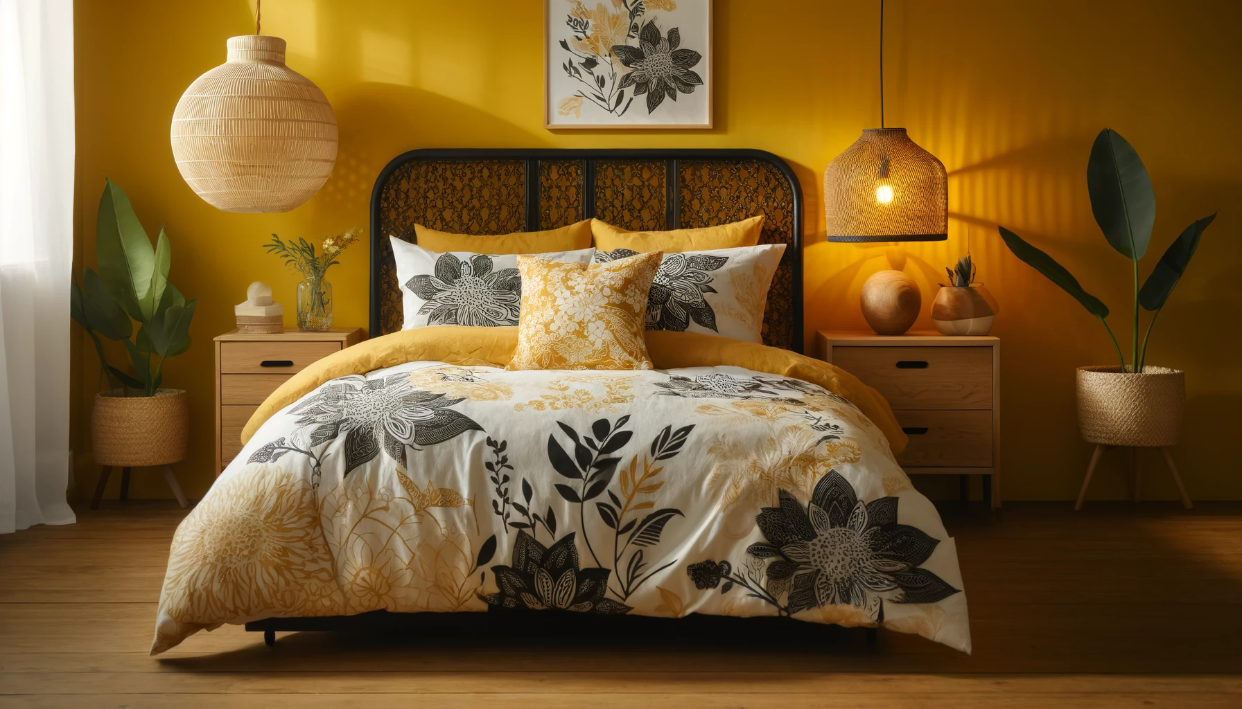 DALL·E-2024-06-12-14.39.38-Photograph-of-a-bedroom-featuring-a-duvet-cover-and-pillows-decorated-with-white-and-black-floral-patterns-on-a-golden-yellow-background.-The-room-has