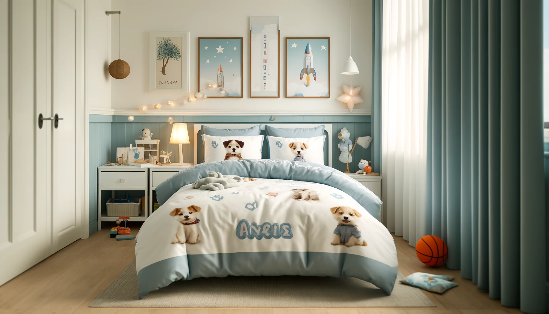 DALL·E-2024-06-12-16.11.50-A-cozy-childrens-bedroom-with-a-light-blue-and-white-color-scheme.-The-bed-is-covered-with-a-duvet-featuring-cute-cartoon-dogs.-The-pillows-also-have