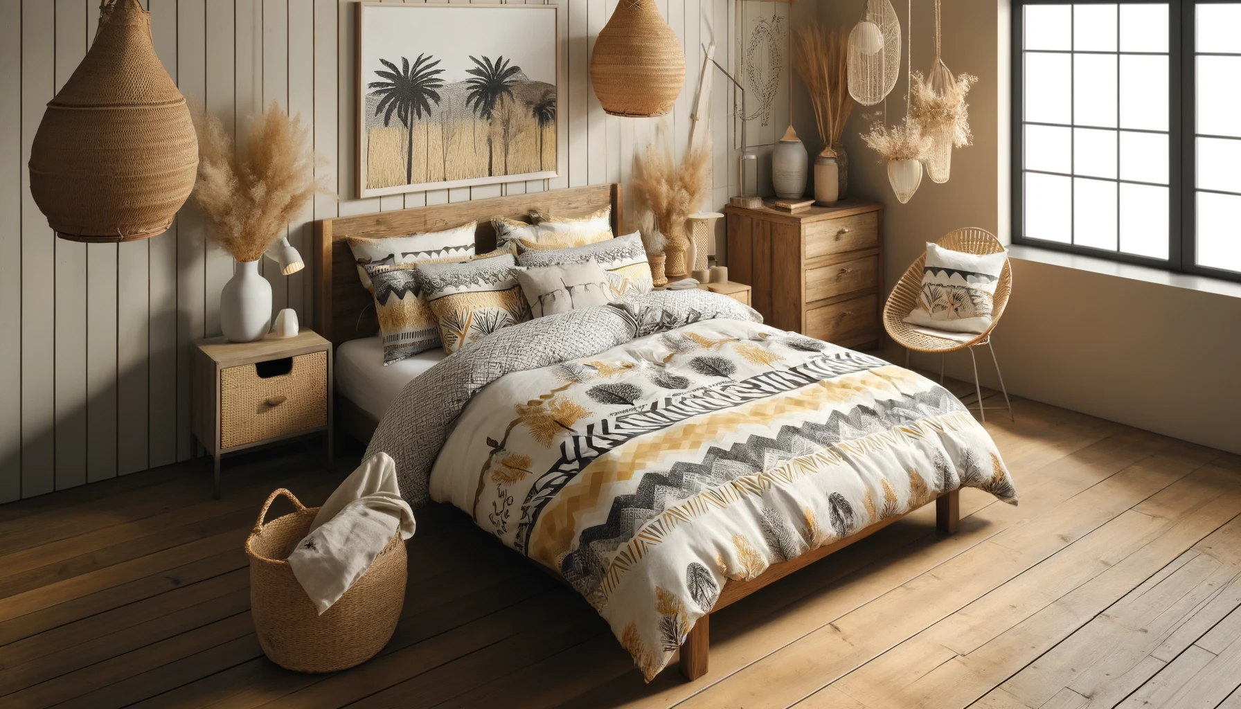 DALL·E-2024-06-12-16.19.27-A-cozy-bedroom-with-a-rustic-wooden-bed-featuring-a-duvet-cover-and-pillow-set-named-Saga-Africaine.-The-duvet-cover-showcases-a-stylish-design-with