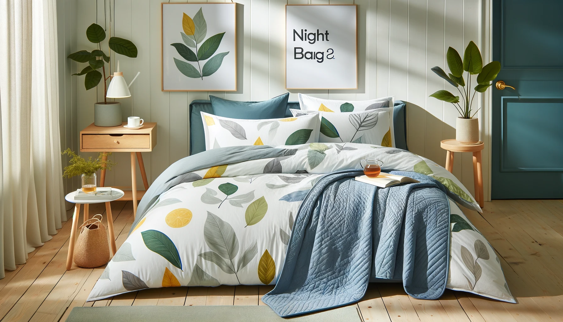 DALL·E-2024-06-12-16.33.27-A-cozy-bedroom-setting-featuring-a-bed-with-NIGHTBAG®-Nightbag-Feuille-a-feuille-bedding-set.-The-bedding-includes-a-white-pillow-and-duvet-cover-with