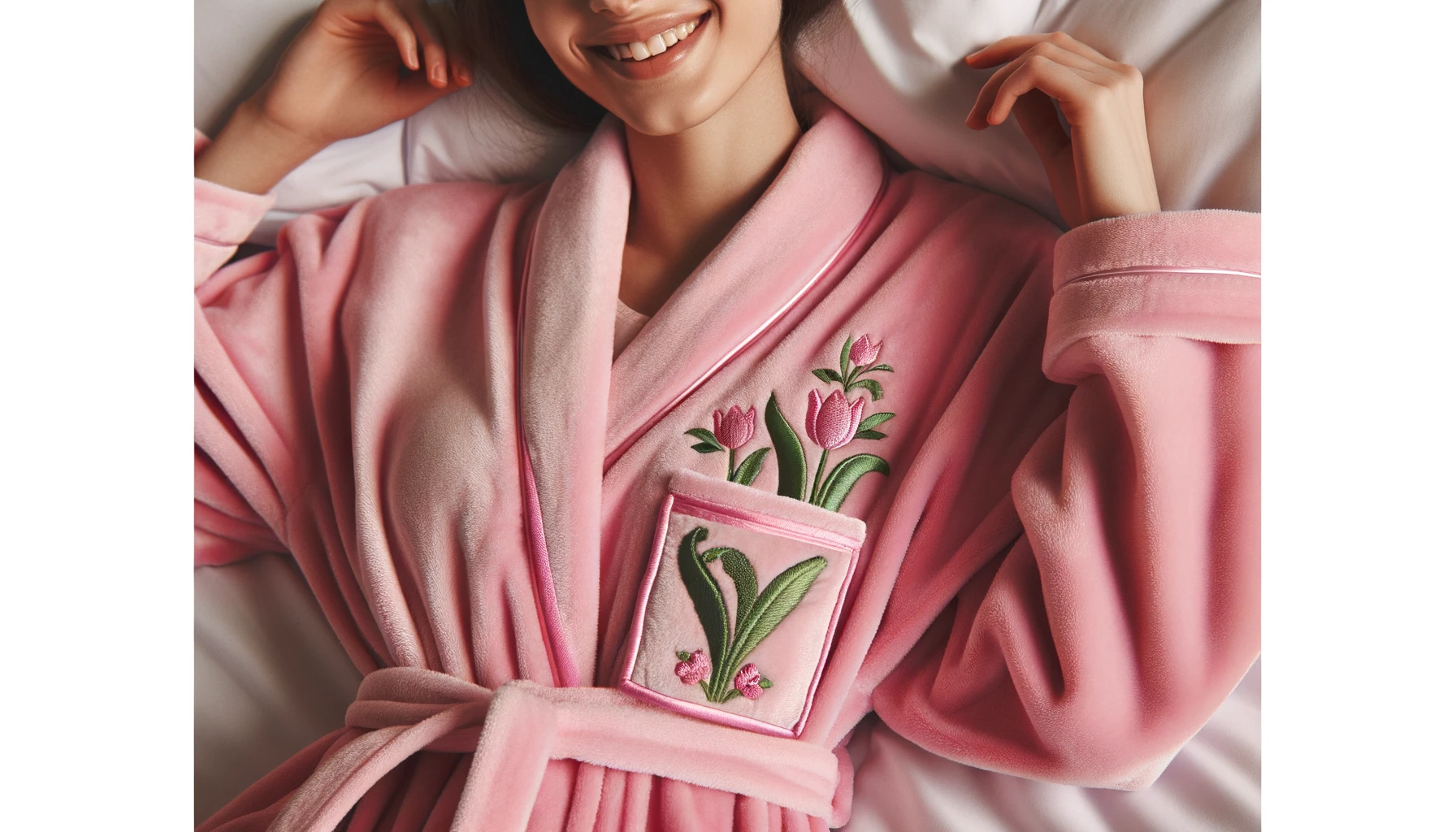 DALL·E-2024-06-12-16.48.36-A-woman-wearing-a-pink-bathrobe-with-a-belt-lying-on-a-white-bed-and-smiling.-The-bathrobe-features-a-pocket-decorated-with-embroidered-tulips.-The-o