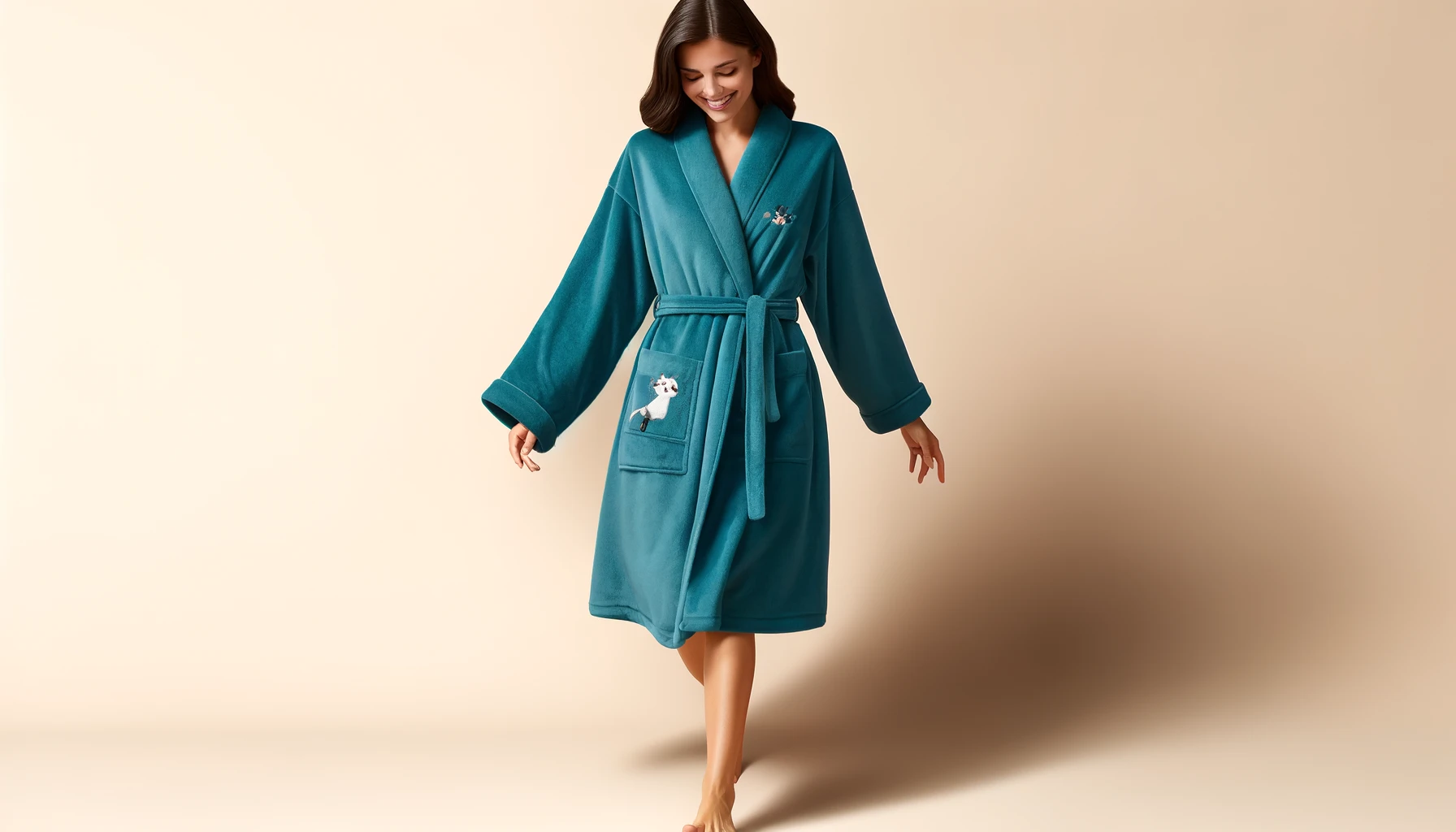 DALL·E-2024-06-12-16.59.38-A-woman-wearing-a-teal-bathrobe-with-a-belt-smiling-and-walking-barefoot.-The-bathrobe-has-a-pocket-with-an-embroidered-cat.-The-overall-scene-convey