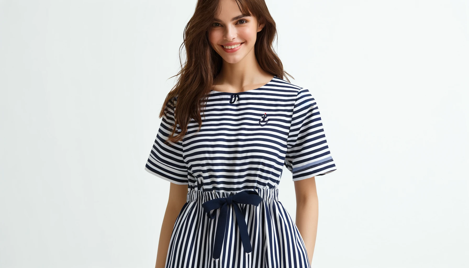DALL·E-2024-06-12-17.53.02-A-woman-wearing-a-navy-blue-and-white-striped-dress-with-a-drawstring-waist-and-short-sleeves-standing-and-smiling.-The-dress-features-small-bows-on-