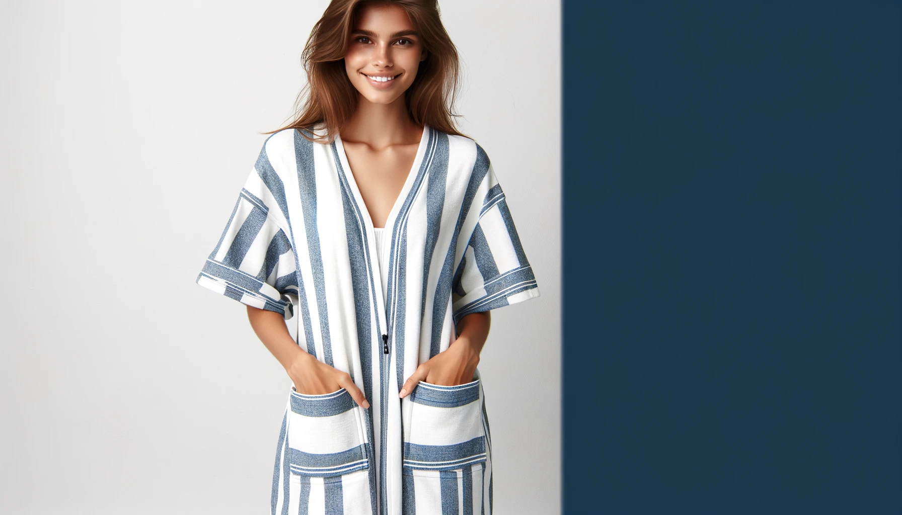 DALL·E-2024-06-12-18.05.05-A-woman-wearing-a-striped-zip-up-robe-with-short-sleeves-in-white-and-blue-colors.-The-robe-has-pockets-and-the-woman-is-standing-against-a-plain-whi