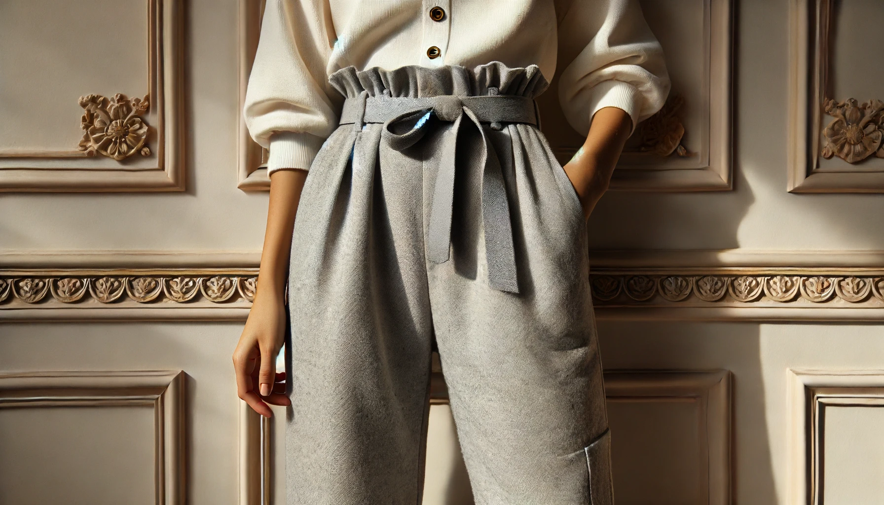 DALL·E-2024-06-13-11.36.05-Fashion-photograph-showing-a-person-wearing-gray-soft-fabric-pants-with-a-tied-belt.-The-person-is-also-wearing-a-white-top-with-golden-buttons.-The-i