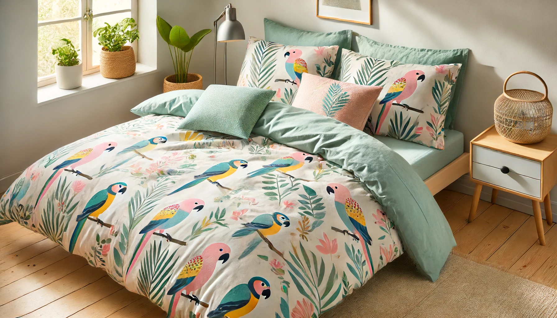 DALL·E-2024-06-13-11.58.42-Photograph-of-bedding-showing-a-made-bed-with-a-duvet-cover-and-pillows-featuring-parakeet-and-tropical-plant-patterns.-The-main-colors-include-mint-g