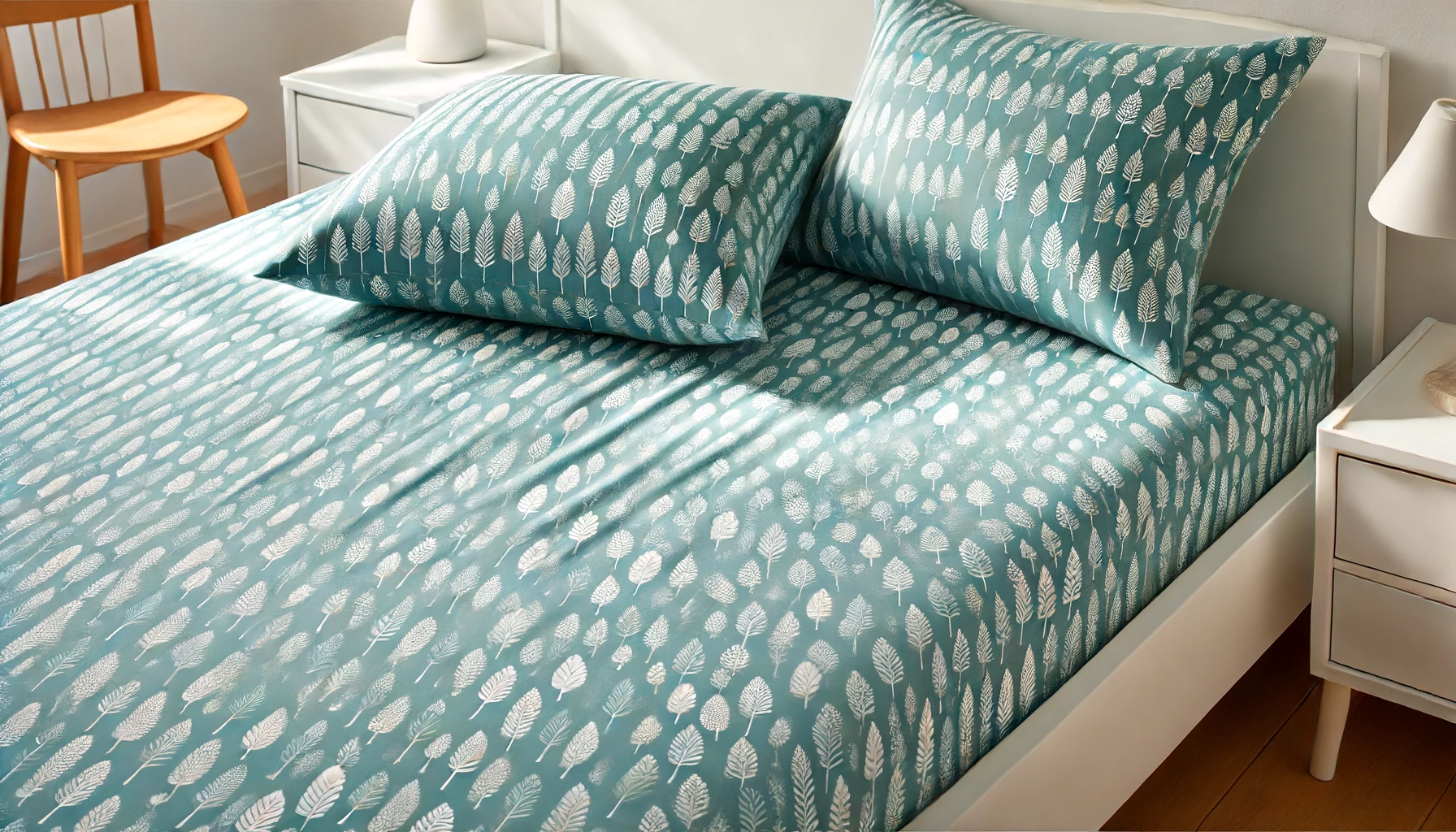 DALL·E-2024-06-13-12.14.33-Photograph-of-bedding-showing-a-turquoise-fitted-sheet-with-repetitive-white-patterns-probably-representing-small-trees-or-branches.-A-white-pillow-is