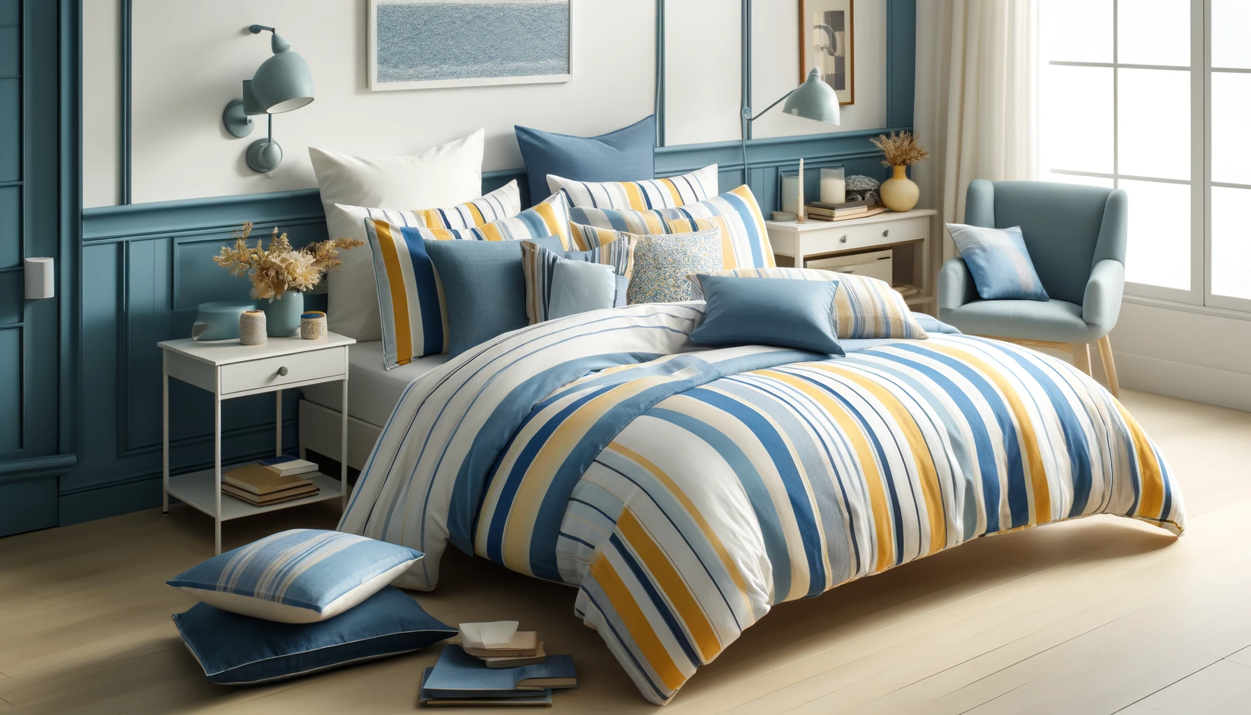 DALL·E-2024-06-13-12.28.07-Photograph-of-bedding-showing-a-bed-with-a-duvet-cover-and-pillows-featuring-horizontal-blue-and-yellow-stripes.-The-main-colors-are-blue-yellow-and