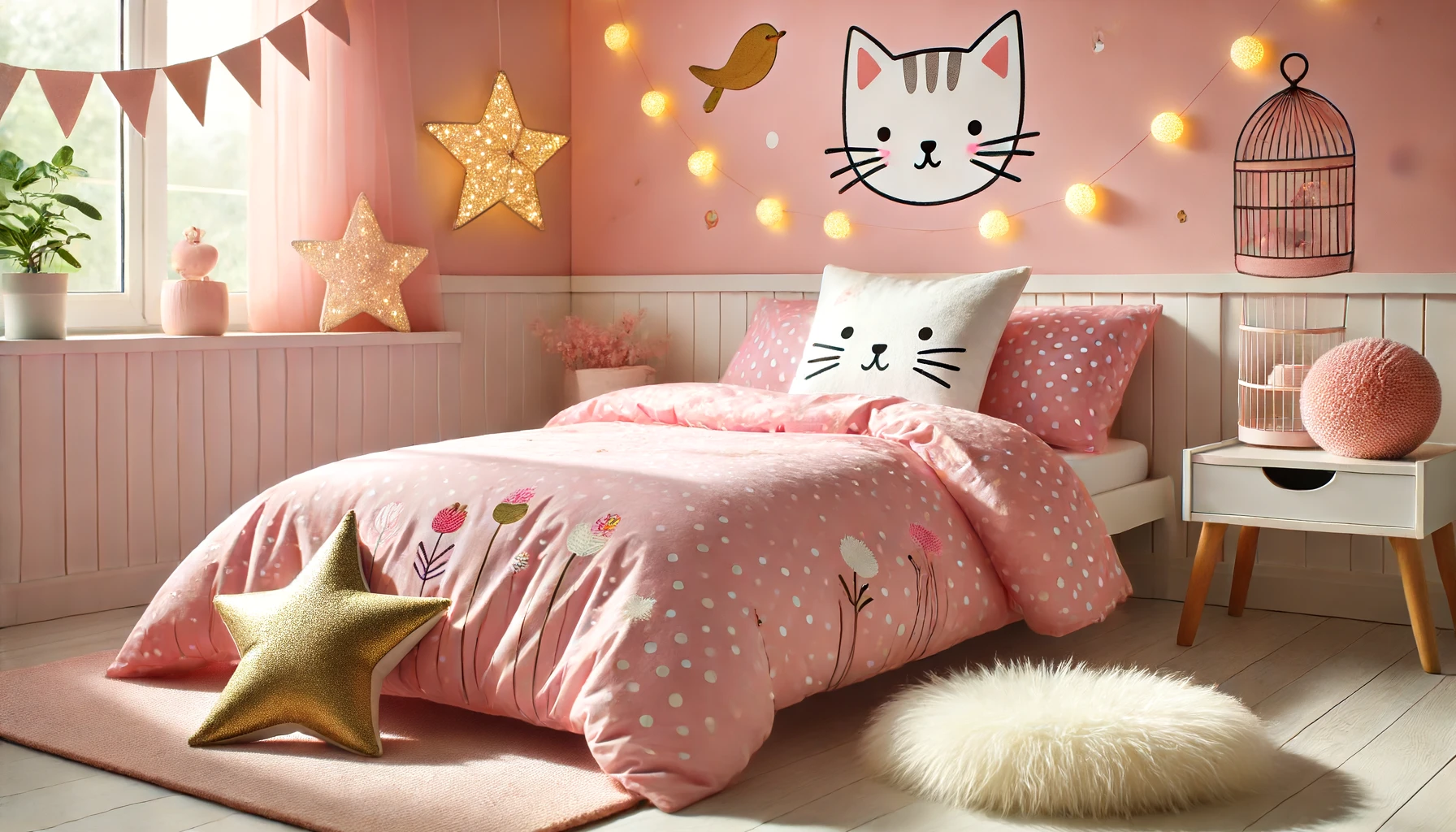DALL·E-2024-06-13-12.39.13-Photograph-of-childrens-bedding-showing-a-bed-with-a-pink-duvet-cover-with-white-polka-dots-and-a-cat-drawing.-The-matching-pillow-has-a-cat-face-dra