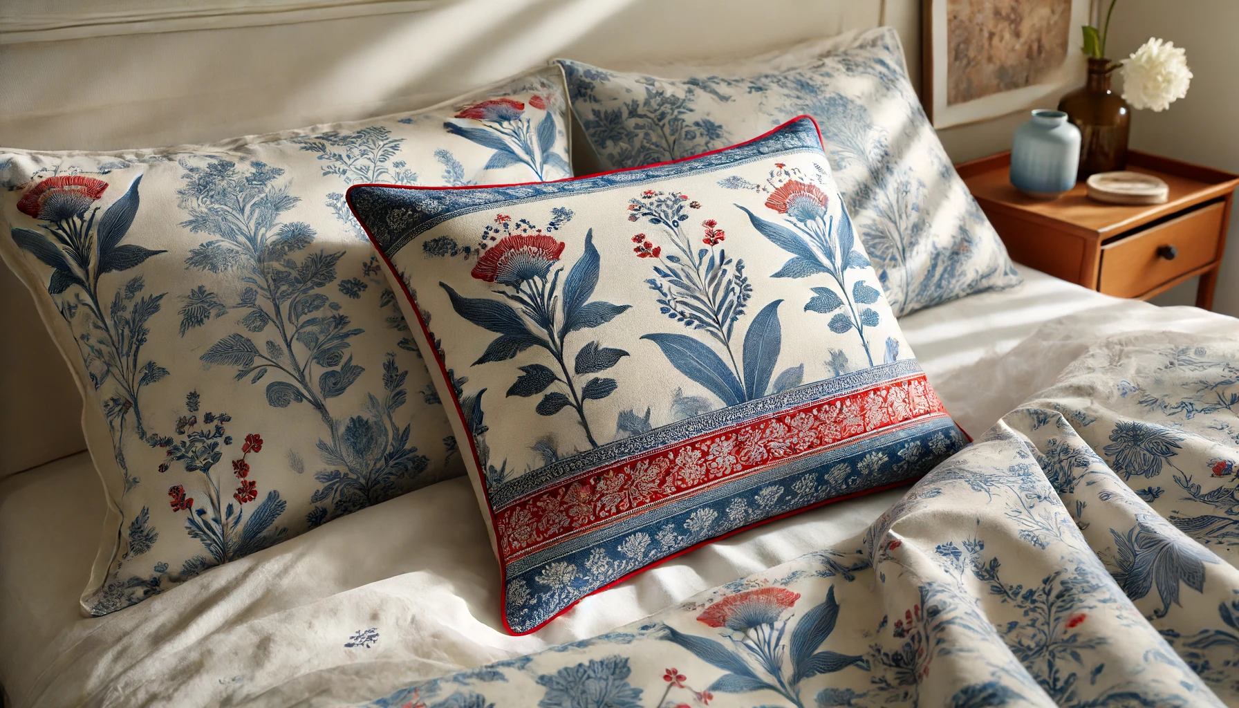 DALL·E-2024-06-13-12.47.10-Photograph-of-bedding-showing-a-pillowcase-with-a-blue-and-red-floral-pattern.-The-floral-pattern-includes-detailed-leaves-and-branches.-The-pillowcas
