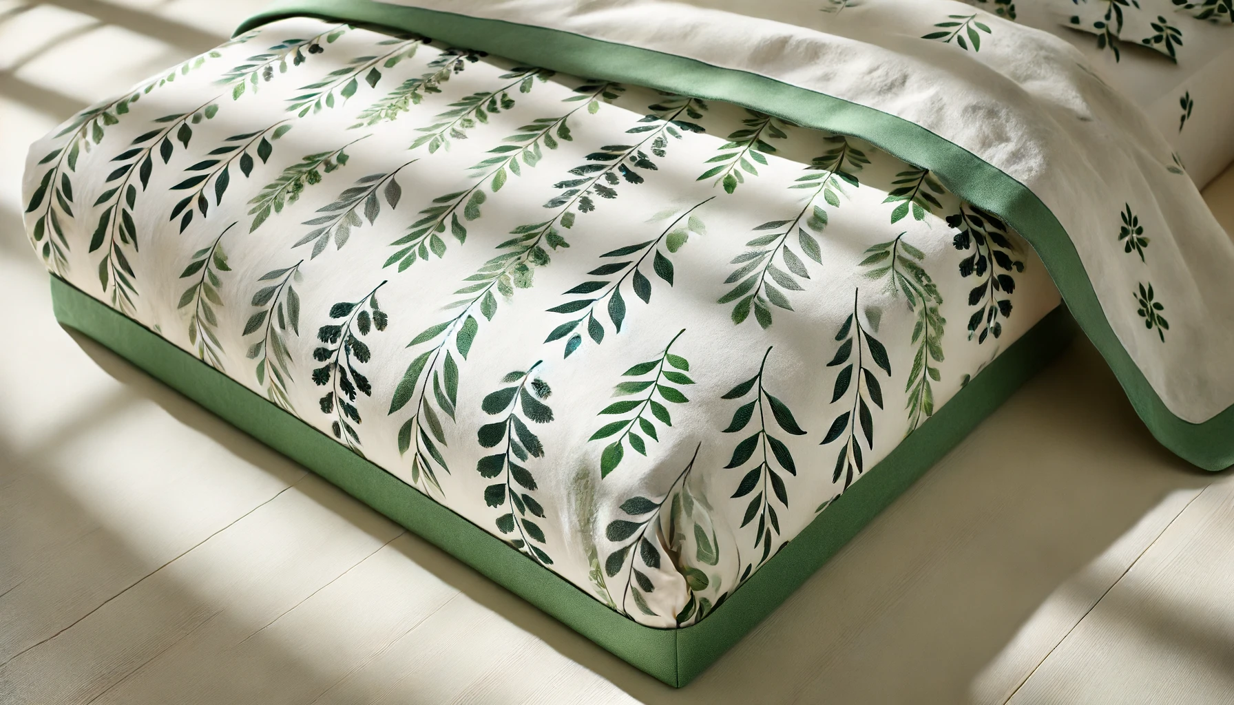 DALL·E-2024-06-13-12.51.58-Photograph-of-bedding-showing-a-white-sheet-with-green-leaf-patterns.-The-patterns-include-hanging-leaves-in-dark-and-light-green.-The-sheet-is-folded