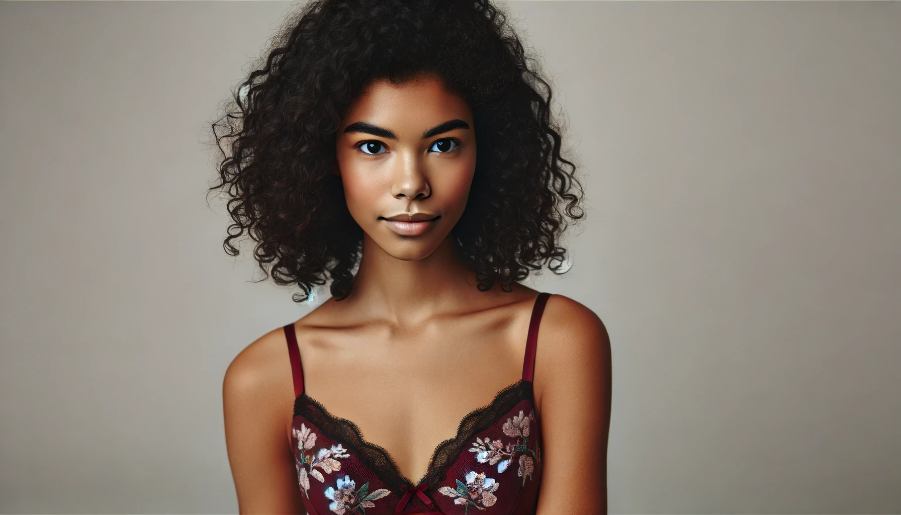 DALL·E-2024-06-13-14.00.50-A-studio-portrait-photograph-of-a-woman-with-curly-black-hair-wearing-a-burgundy-bra-with-floral-patterns.-The-background-is-neutral-and-plain-with-
