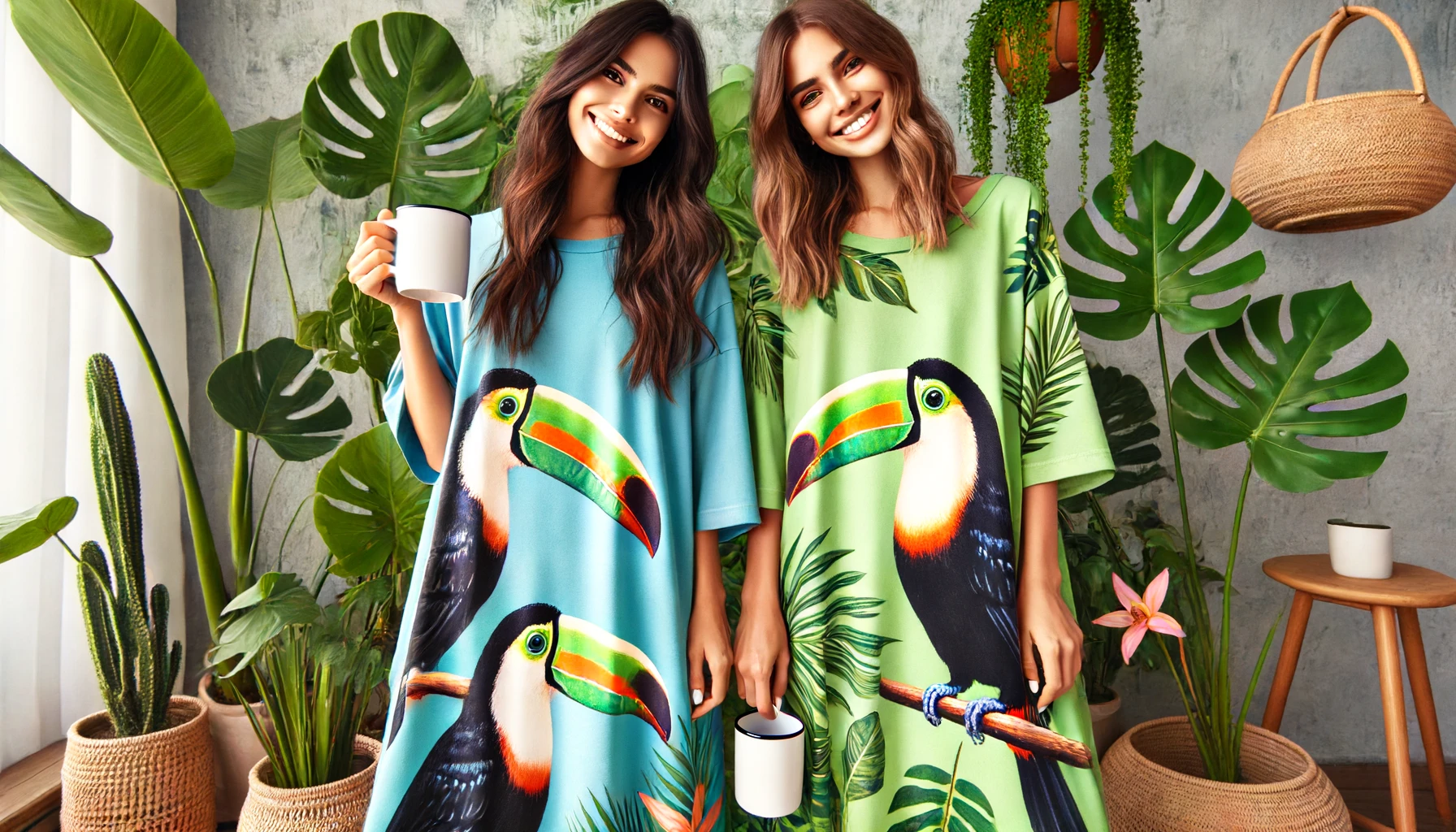 DALL·E-2024-06-13-14.15.33-Two-women-wearing-colorful-maxi-t-shirts-with-toucan-patterns.-One-wears-a-blue-t-shirt-with-two-toucans-and-tropical-leaves-while-the-other-wears-a-