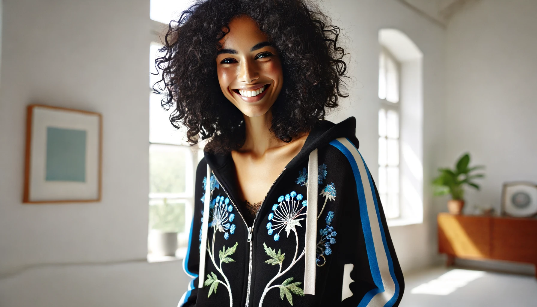 DALL·E-2024-06-13-14.28.33-A-smiling-woman-with-curly-black-hair-wearing-a-black-hooded-jacket-decorated-with-blue-and-white-floral-patterns-on-the-left-side-of-the-chest.-The-j