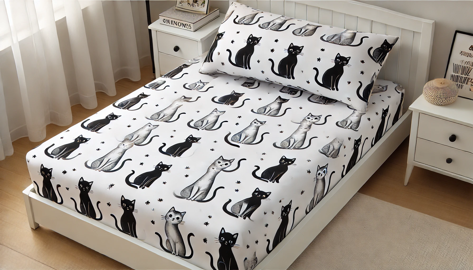 DALL·E-2024-07-09-10.41.01-A-fitted-sheet-with-a-white-background-featuring-black-cat-patterns-in-various-poses.-The-sheet-is-neatly-fitted-on-a-mattress-and-is-accompanied-by-a