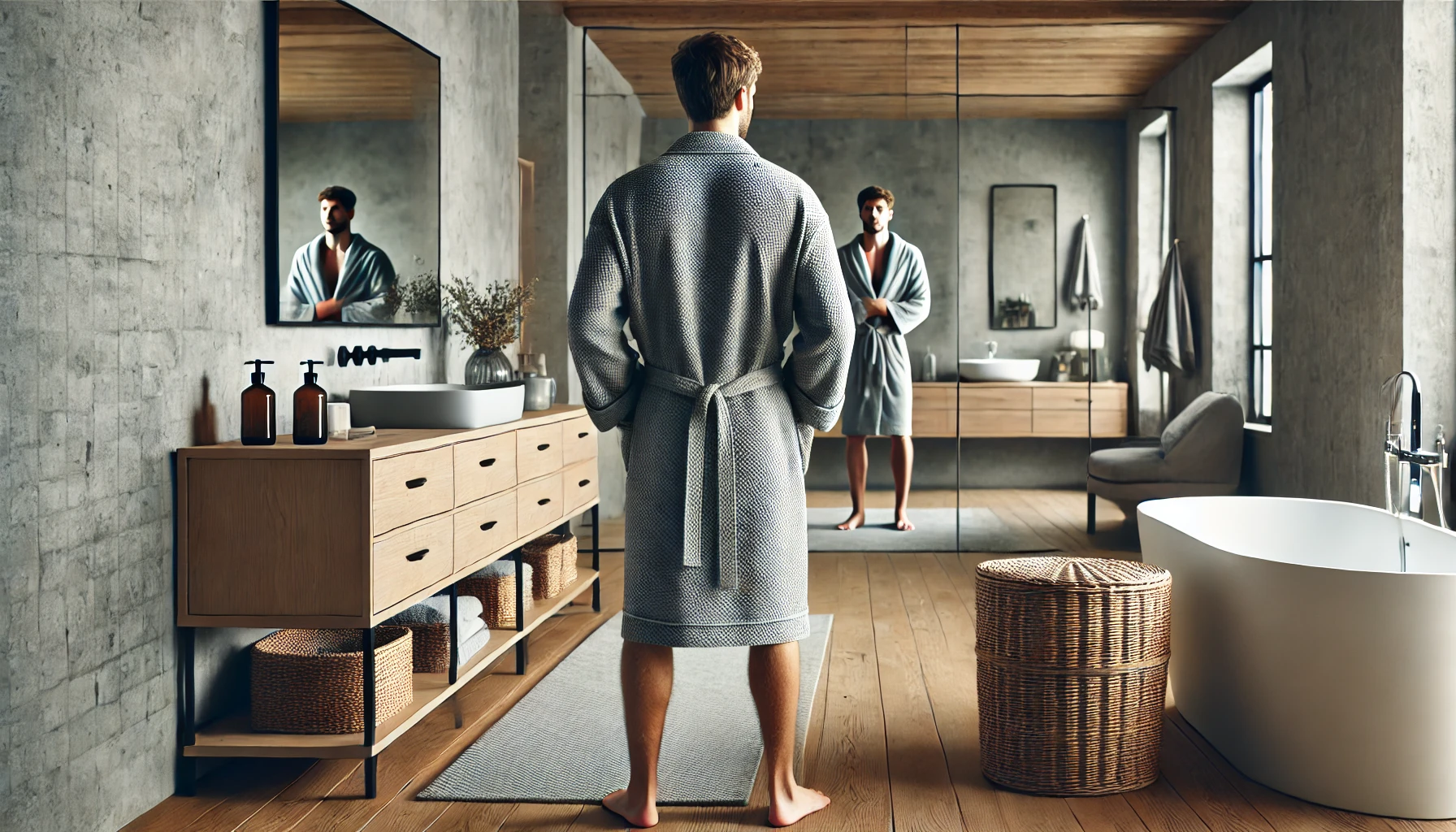 DALL·E-2024-07-12-03.01.37-A-man-wearing-a-grey-bathrobe-with-an-embroidered-design-standing-in-a-modern-bathroom-with-wooden-flooring-and-a-vanity-with-wicker-baskets.-The-set