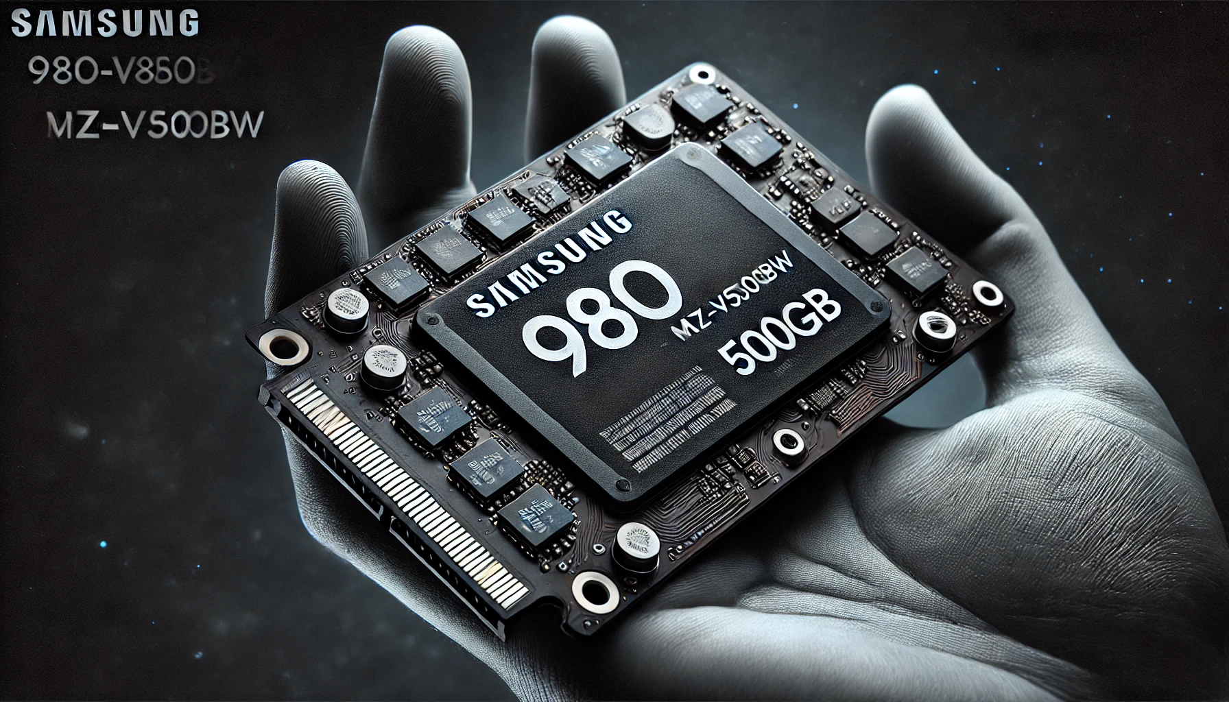DALL·E-2024-07-15-14.49.51-A-Samsung-980-MZ-V8V500BW-SSD-with-a-capacity-of-500GB-using-the-PCIe-3.0-x4-NVMe-interface.-The-SSD-is-black-with-the-Samsung-logo-visible.-Image-