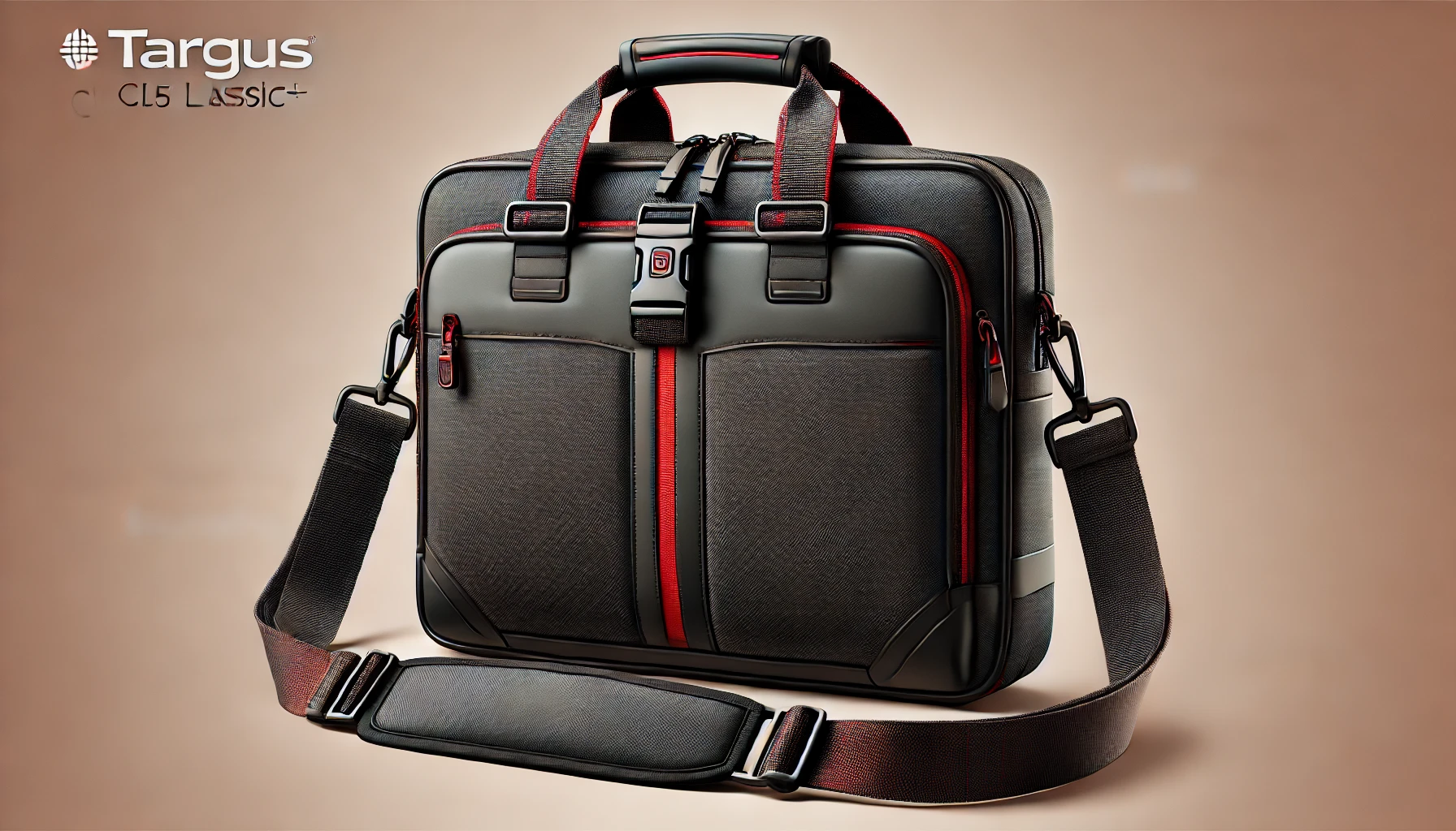 DALL·E-2024-07-15-15.20.07-A-Targus-Classic-15-15.6-inch-_-38.1-39.6-cm-Clamshell-Case-laptop-bag.-The-bag-is-black-with-red-accents-featuring-a-carry-handle-and-an-adjust