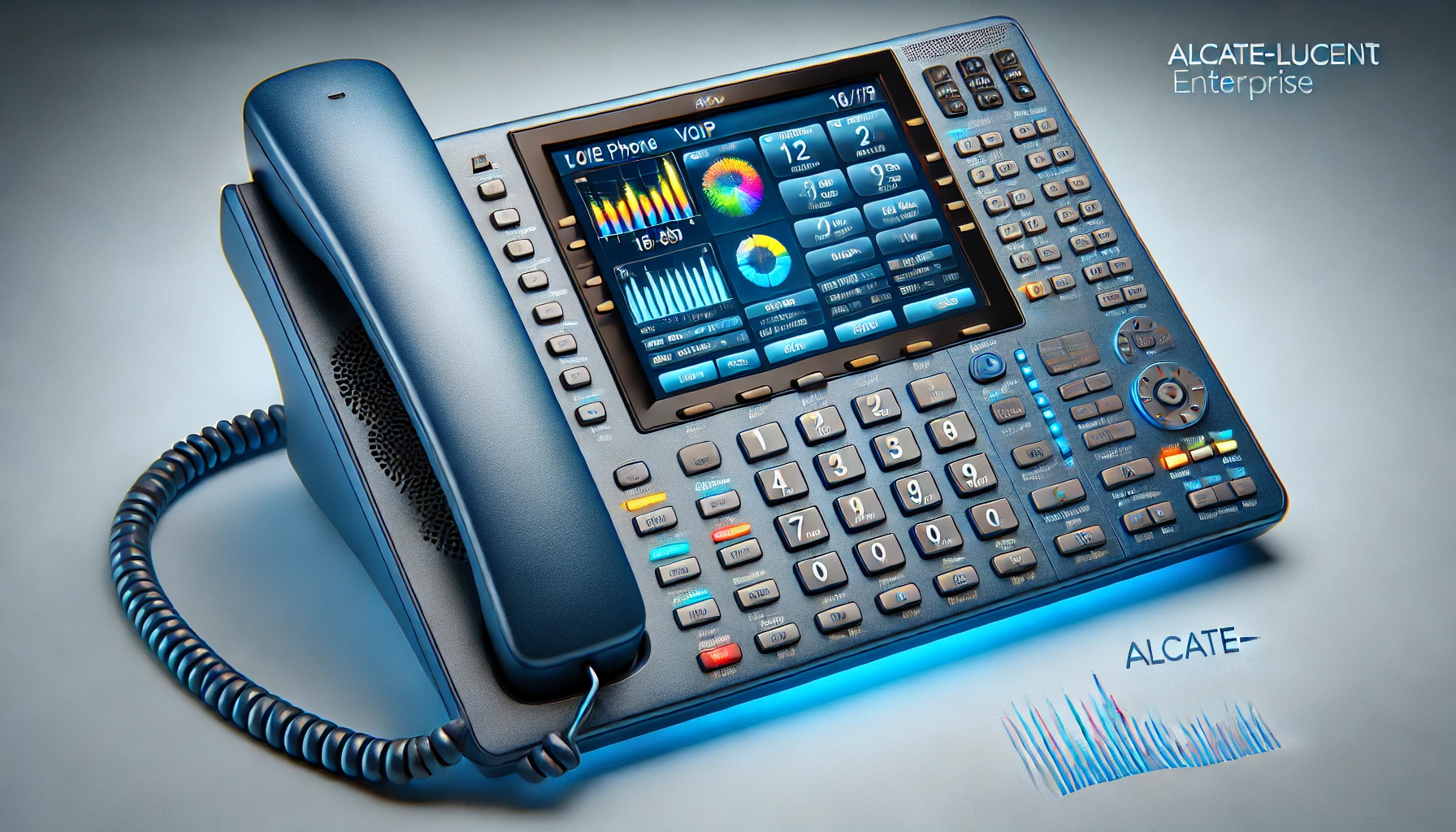 DALL·E-2024-07-15-17.23.34-An-Alcatel-Lucent-Enterprise-ALE-300-VoIP-phone-primarily-blue-with-a-color-screen-a-numeric-keypad-and-several-function-buttons.-Image-in-16_9-for
