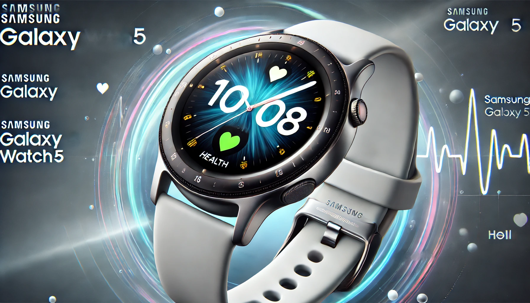 DALL·E-2024-07-15-21.56.57-A-Samsung-Galaxy-Watch5-in-silver-color-with-a-white-sports-band.-The-watch-face-is-displaying-a-large-10_08-time-with-health-metrics.-Image-in-16_9