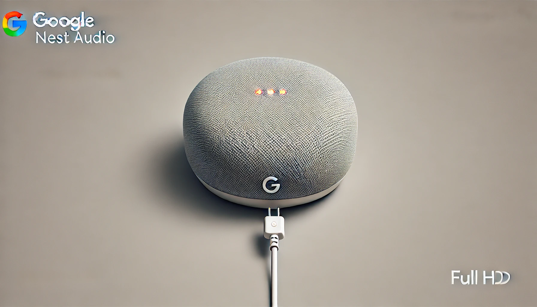 DALL·E-2024-07-15-22.02.17-A-Google-Nest-Audio-smart-speaker-in-a-light-gray-color-viewed-from-the-back.-The-speaker-has-a-fabric-covering-with-a-small-G-logo-near-the-bottom