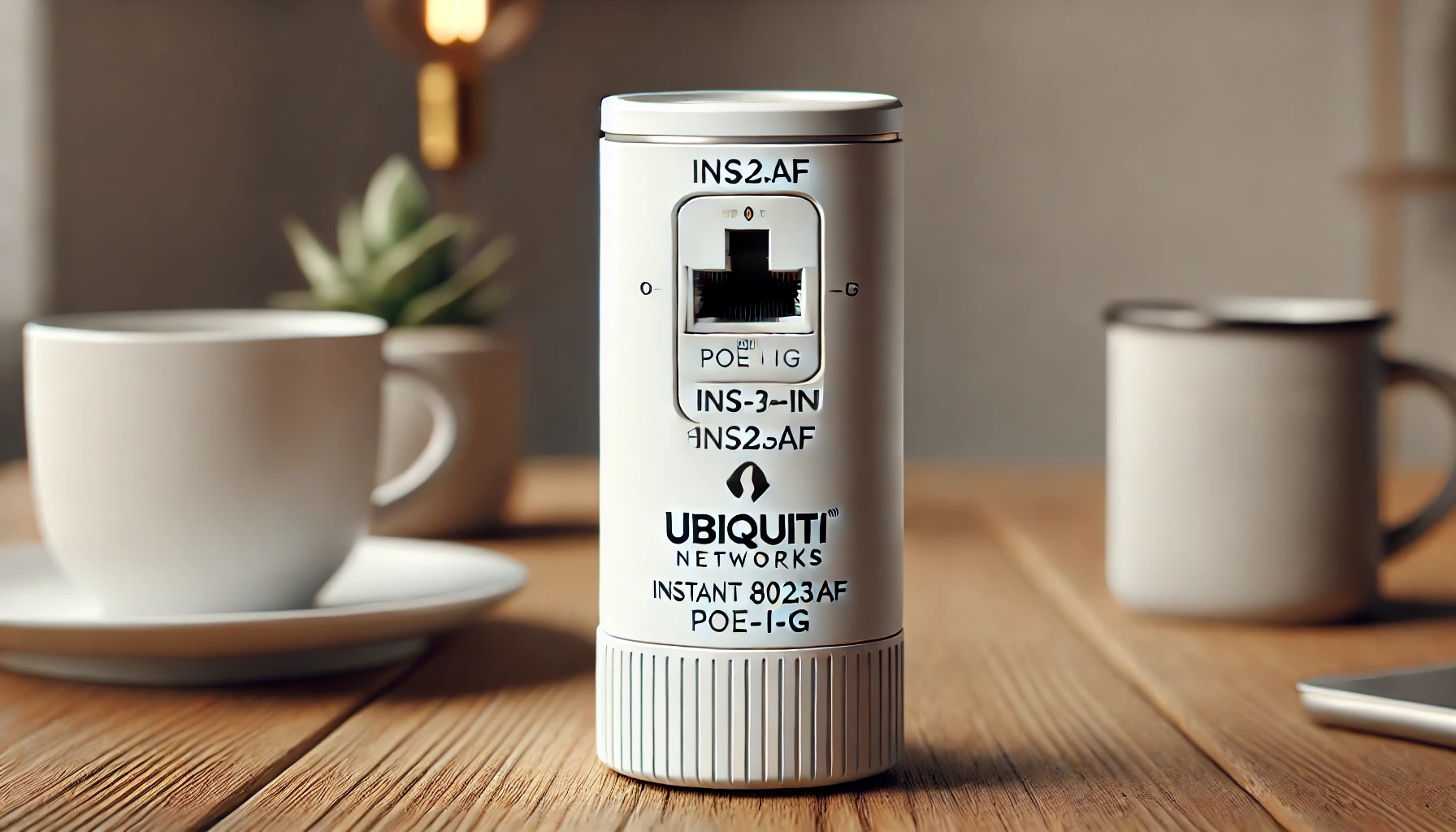 DALL·E-2024-07-15-22.18.15-A-Ubiquiti-Networks-Instant-802.3af-INS-3AF-I-G-power-injector-in-white.-The-device-is-cylindrical-with-an-Ethernet-port-labeled-PoE-In-on-one-end-a