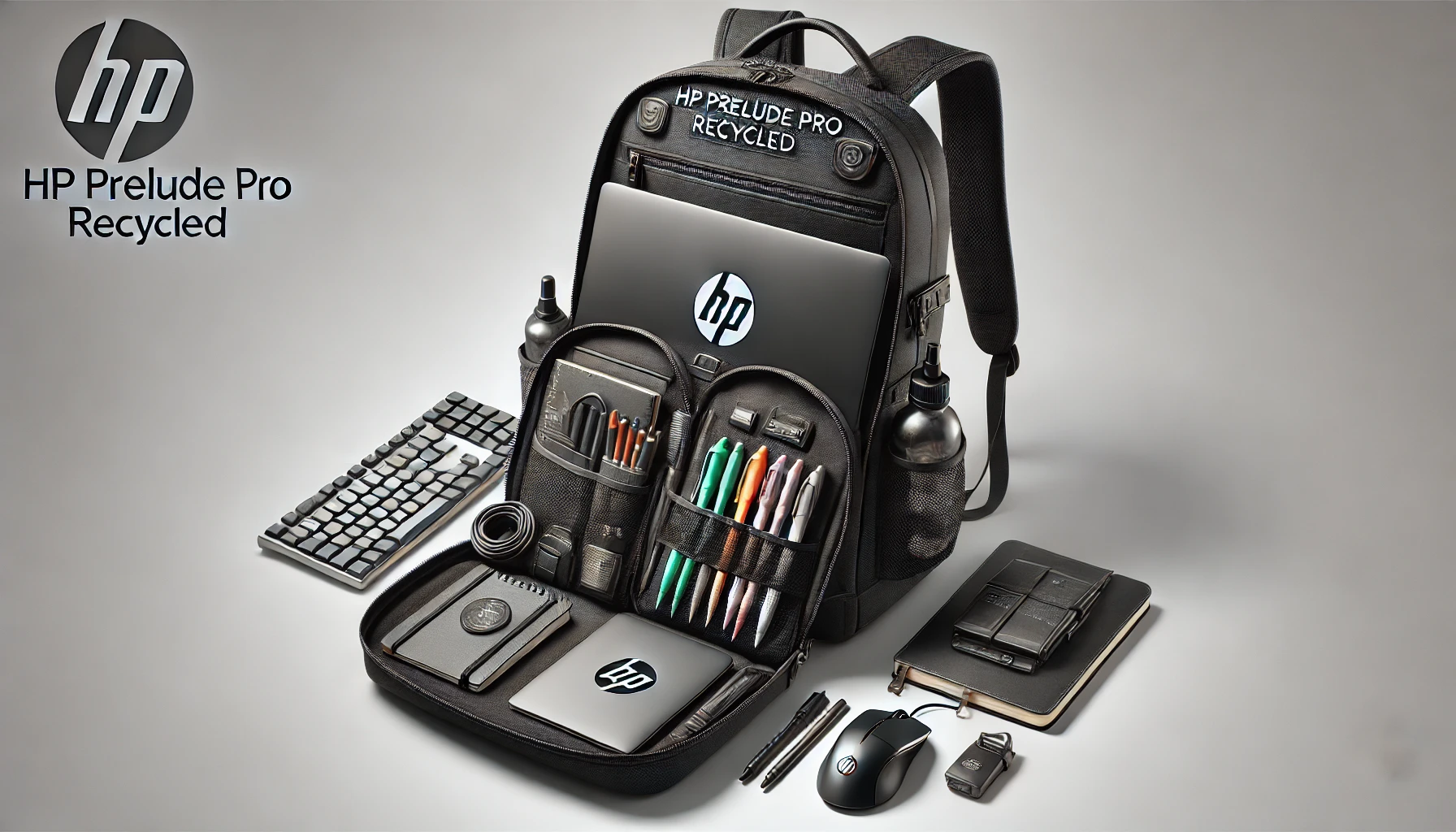 DALL·E 2024-07-22 18.30.43 - A high-resolution horizontal photograph of an HP Prelude Pro Recycled Backpack, a black laptop backpack with a front pocket containing pens, a noteboo