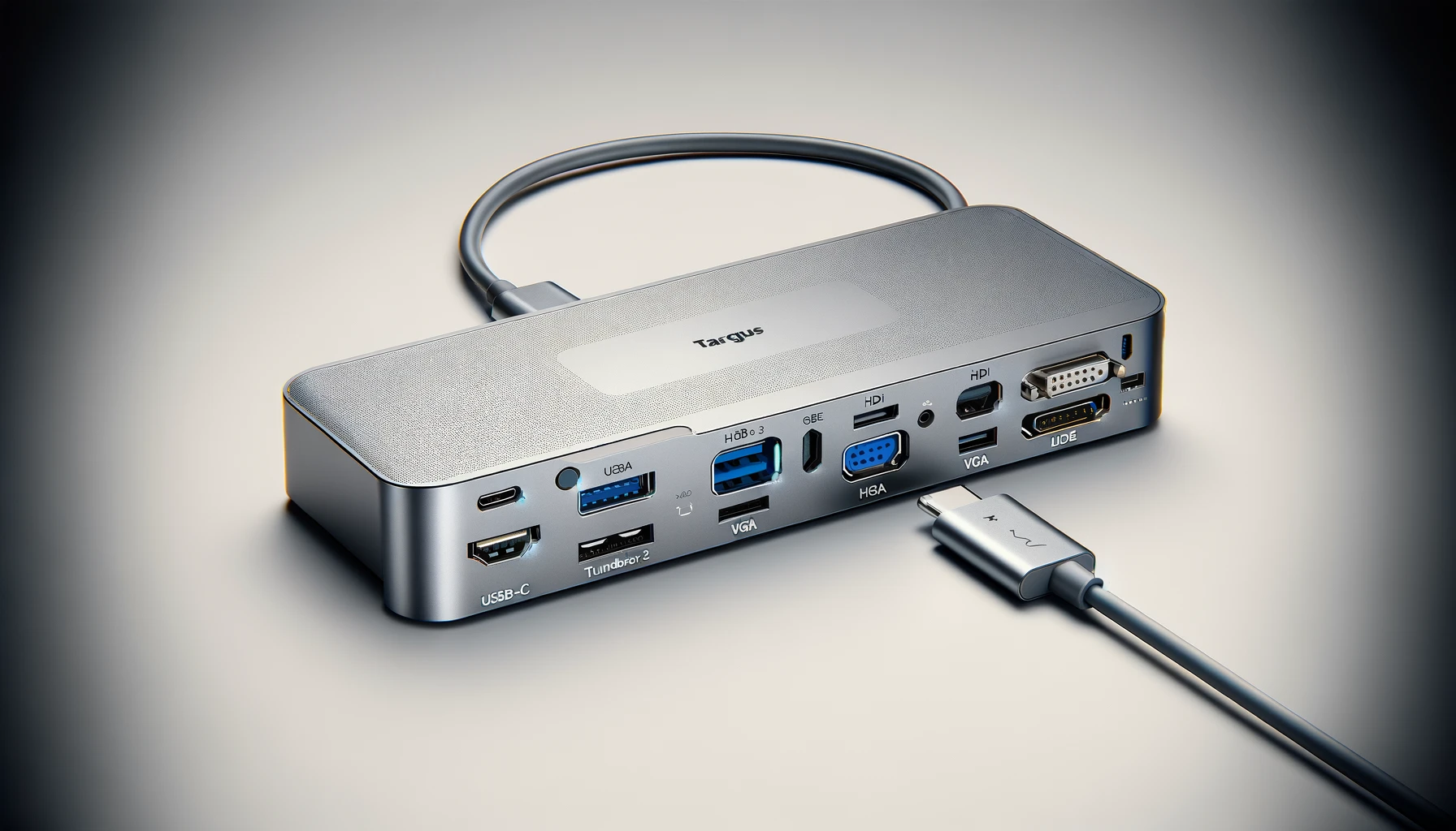 DALL·E 2024-07-23 11.08.27 - A high-resolution horizontal photograph of a Targus docking station featuring USB-C 3.2 Gen 1 _ Thunderbolt 3, VGA, HDMI, and 1GbE ports. The docking