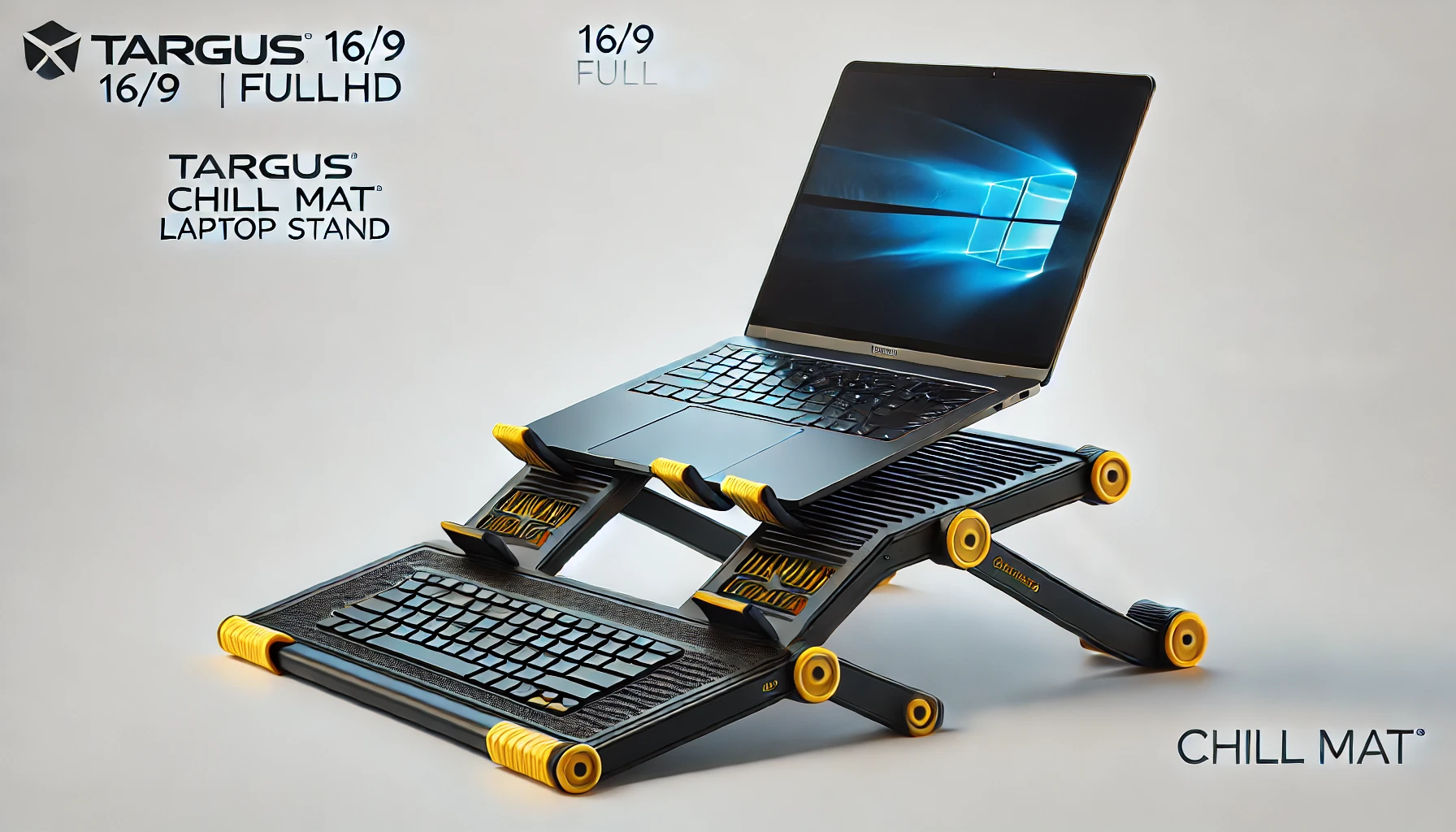 DALL·E 2024-07-23 11.40.23 - Create a 16_9 FullHD image of a Targus Chill Mat laptop stand. The stand should be black with yellow accents. It should elevate a laptop, providing an