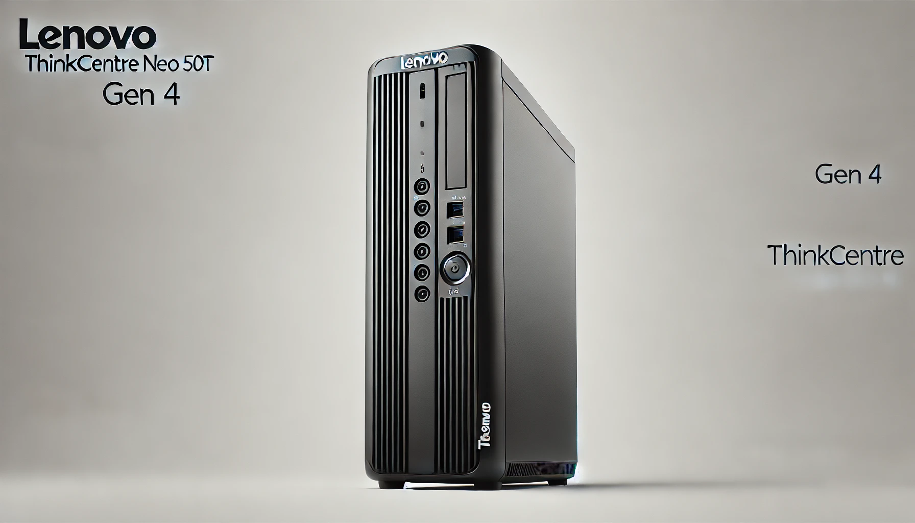 DALL·E 2024-07-23 12.35.24 - Create a 16_9 FullHD image of a Lenovo ThinkCentre Neo 50t Gen 4 tower computer. The tower should be black with a sleek and minimalist design. It shou