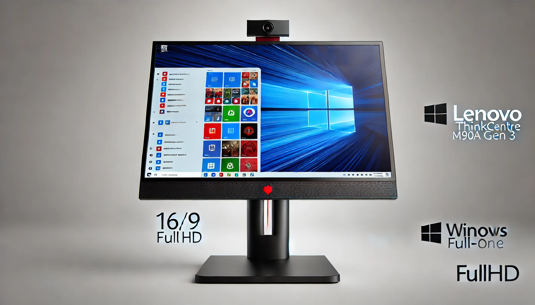 DALL·E 2024-07-23 12.53.14 - Create a 16_9 FullHD image of a Lenovo ThinkCentre M90a Gen 3 all-in-one computer. The computer should have a 23.8-inch LED screen with an all-in-one