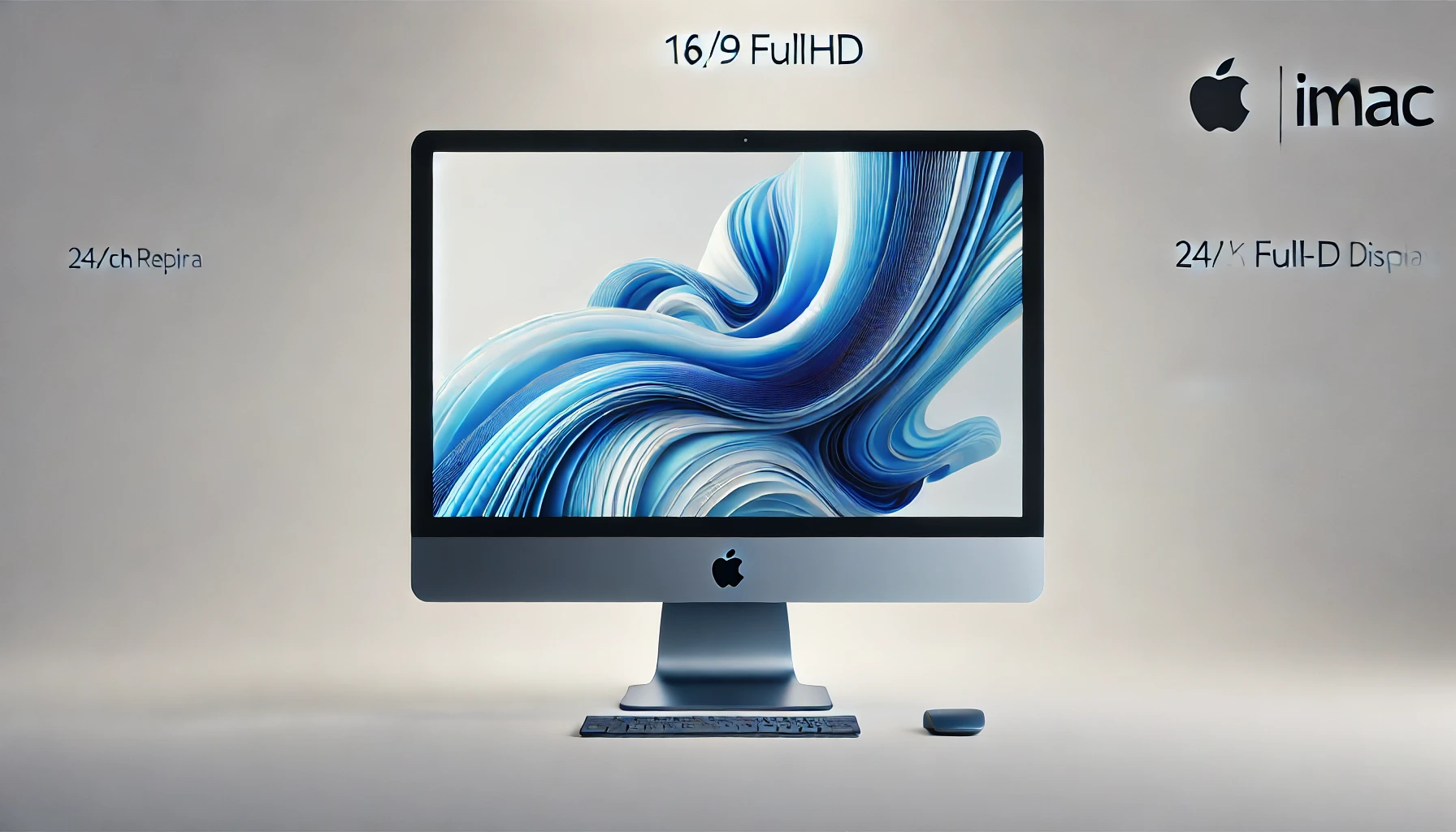 DALL·E 2024-07-23 13.20.54 - Create a 16_9 FullHD image of an Apple iMac with a 24-inch 4.5K Retina display. The iMac should be blue with a sleek and minimalist design. It should